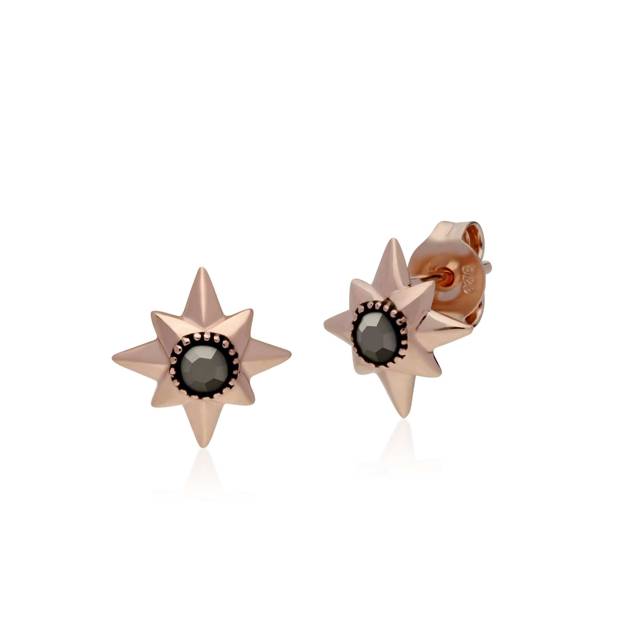 Rose Gold Plated Round Marcasite Double Star Stud Earrings in 925 Sterling Silver - Gemondo