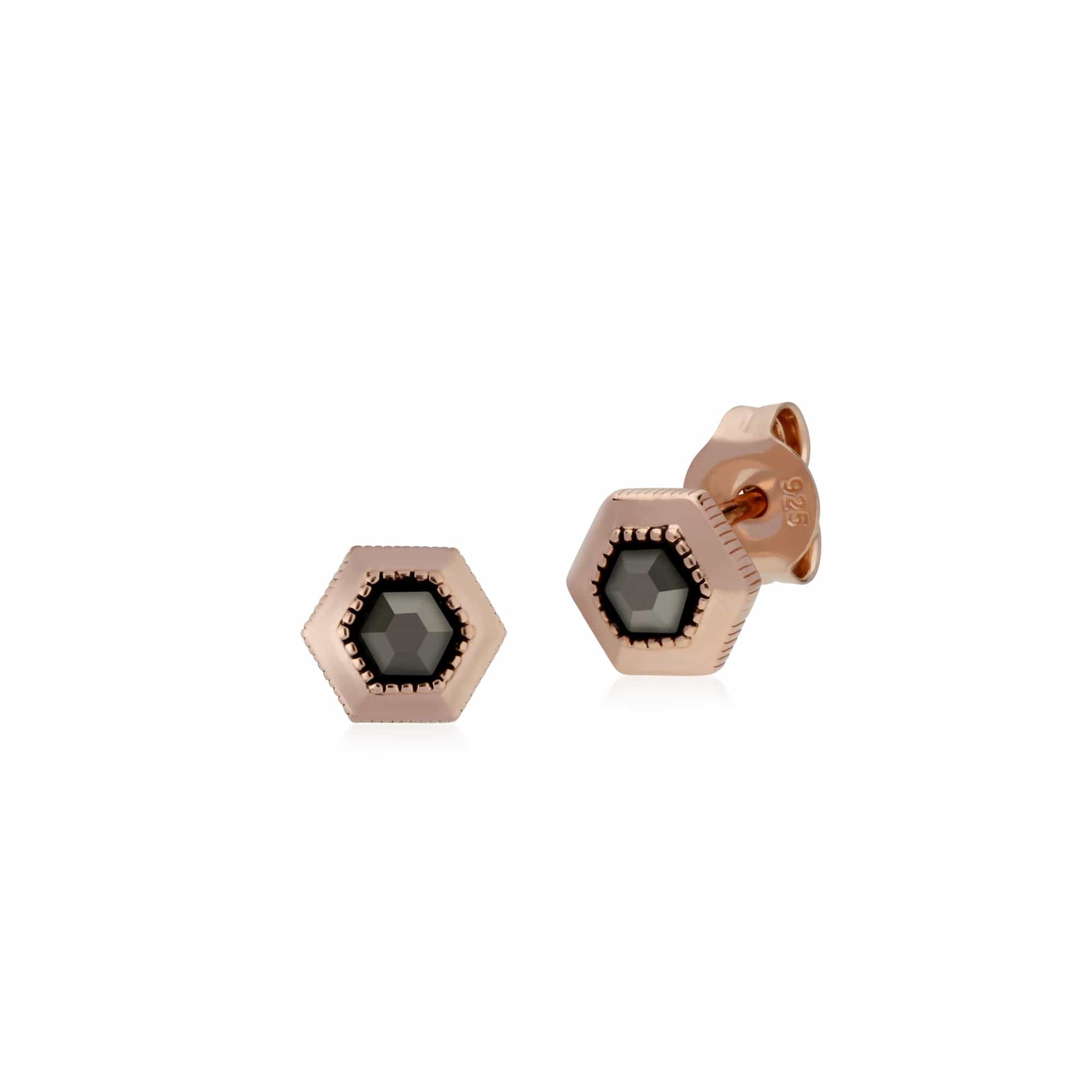 Rose Gold Plated Hexagon Marcasite Stud Earrings in 925 Sterling Silver - Gemondo