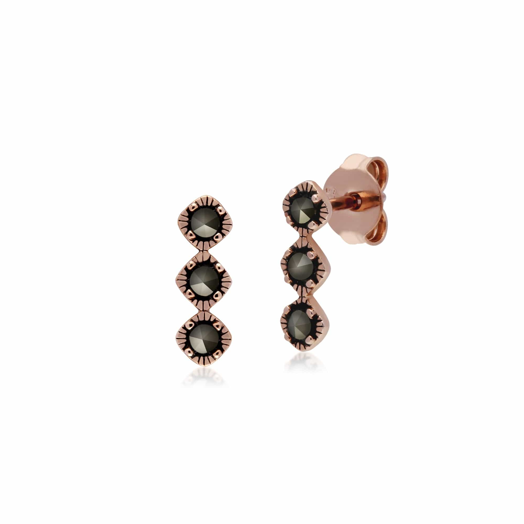 Rose Gold Plated Round Marcasite Triple Stone Stud Earrings in 925 Sterling Silver