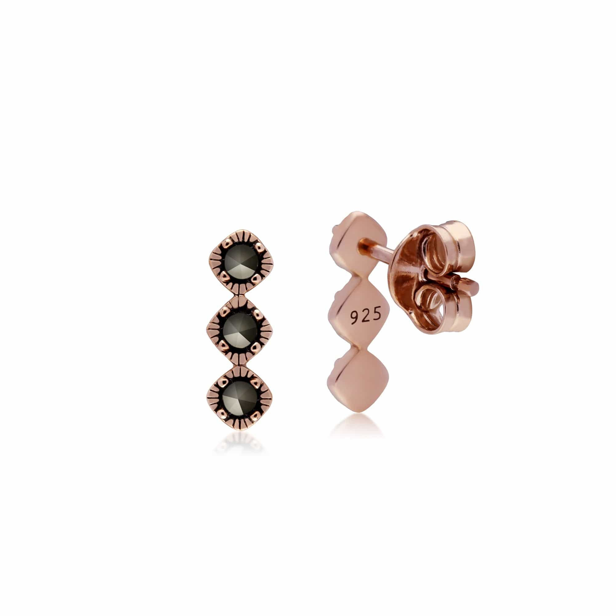 Rose Gold Plated Round Marcasite Triple Stone Stud Earrings in 925 Sterling Silver - Gemondo