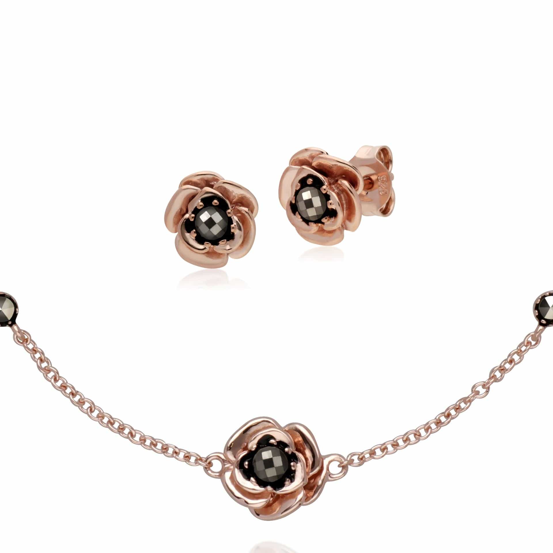 Rose Gold Plated Marcasite Flower Studs & Bracelet Set Image 1