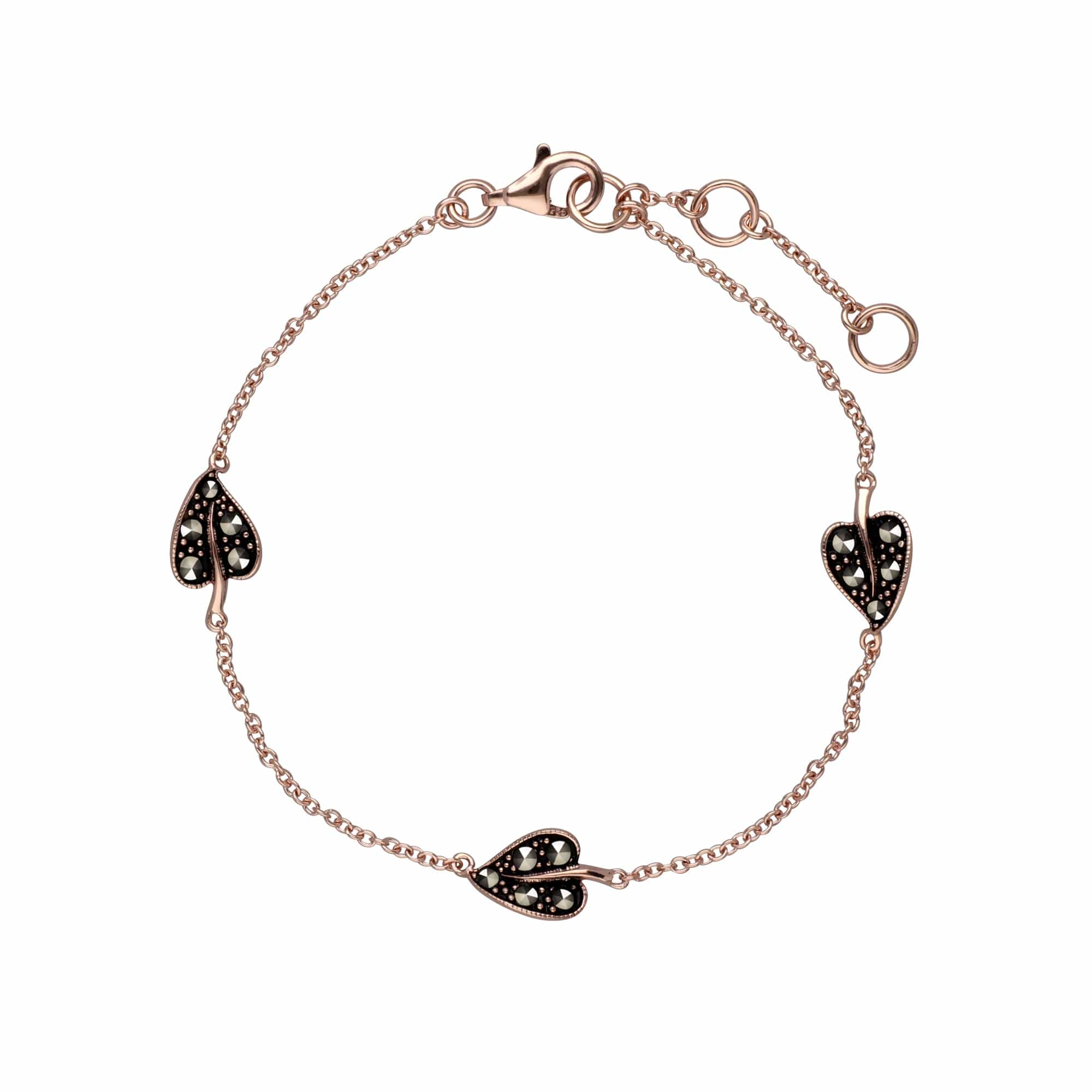 Marcasite Three Leaf Bracelet in Rose Gold Plated Silver - Gemondo