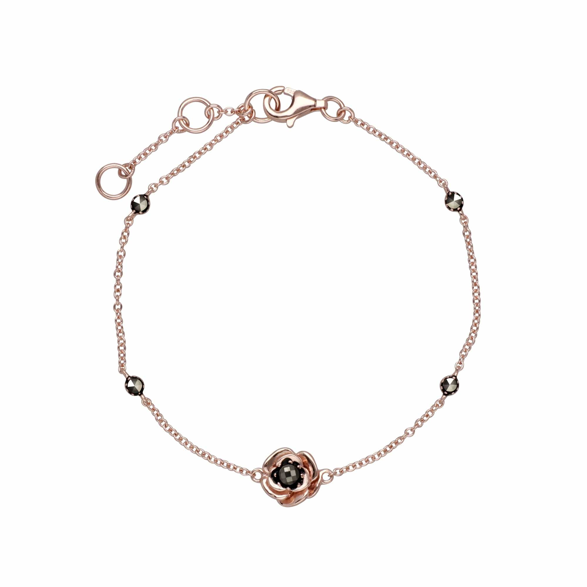Rose Gold Plated Round Marcasite Floral Rose Bracelet in 925 Sterling Silver - Gemondo