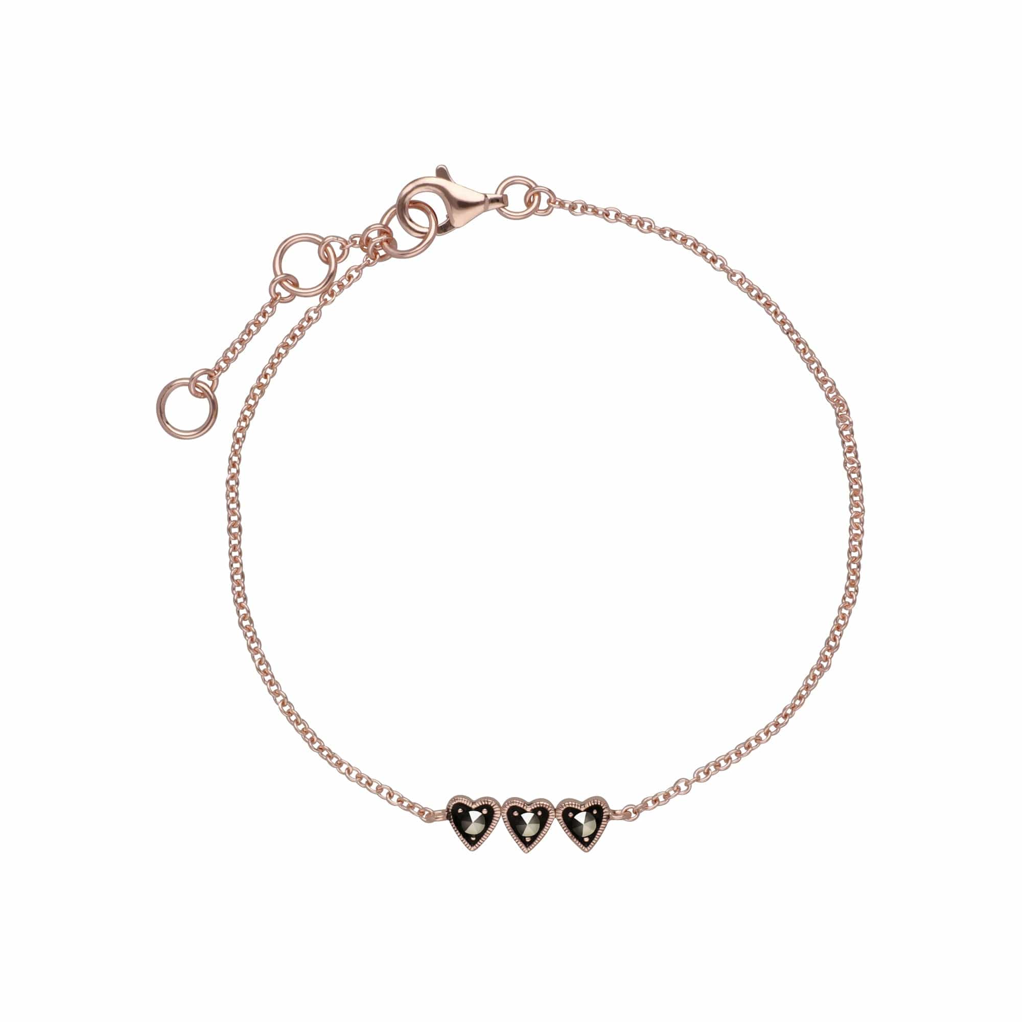 Rose Gold Plated Round Marcasite Three Heart Bracelet in 925 Sterling Silver - Gemondo