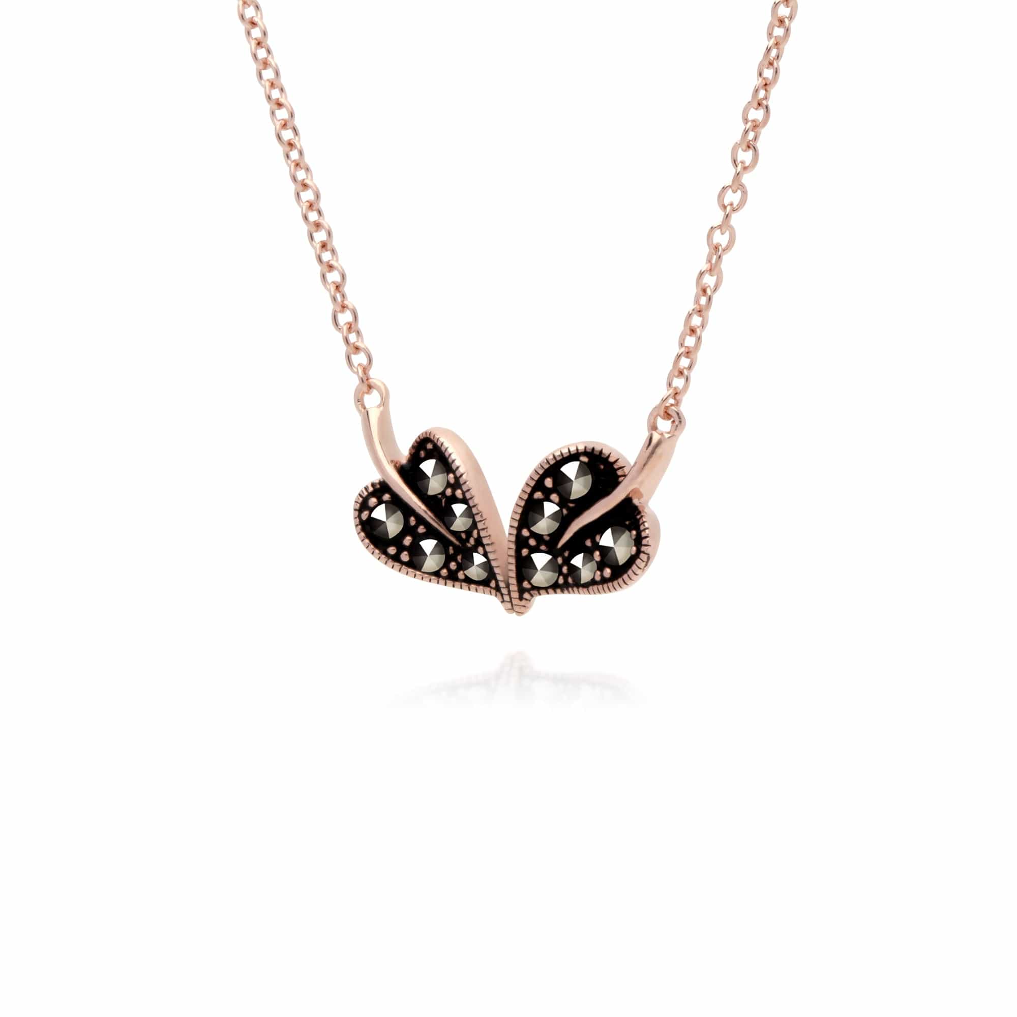 Rose Gold Plated Round Marcasite Double Leaf Necklace in 925 Sterling Silver - Gemondo
