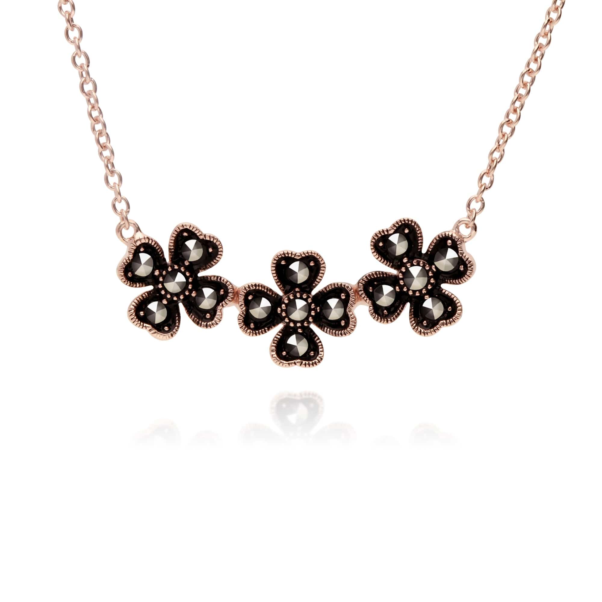 Rose Gold Plated Round Marcasite Floral Clover Bracelet in 925 Sterling Silver - Gemondo
