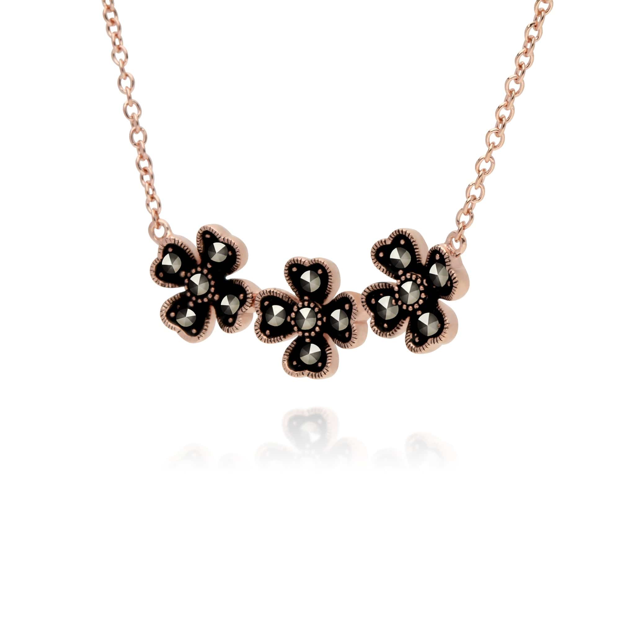 Rose Gold Plated Round Marcasite Floral Clover Bracelet in 925 Sterling Silver - Gemondo
