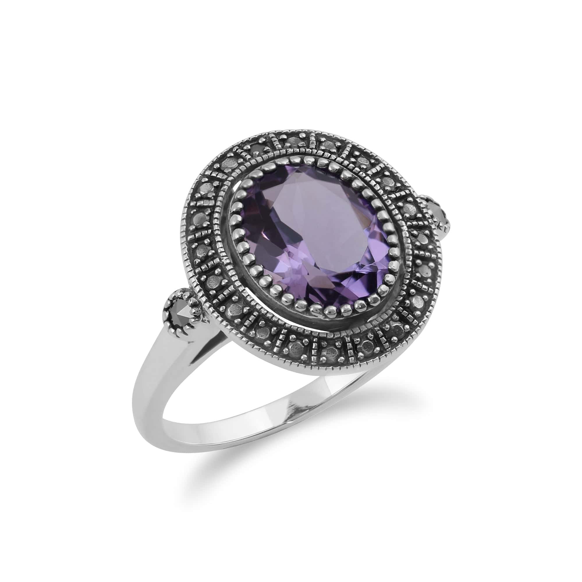 224R029503925 Art Deco Style Oval Amethyst & Marcasite Statement Cocktail Ring in 925 Sterling Silver 2