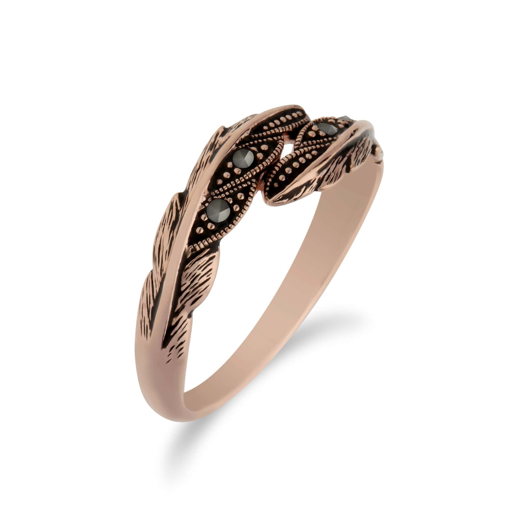Rose Gold Plated Round Marcasite Feather Wrap Ring in 925 Sterling Silver - Gemondo
