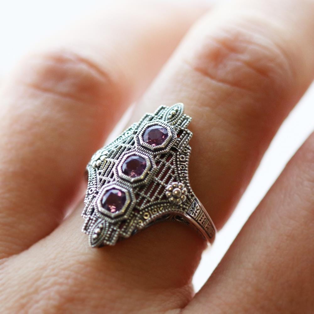 Art Nouveau Style Octagon Amethyst Three Stone Filigree Statement Ring in 925 Sterling Silver