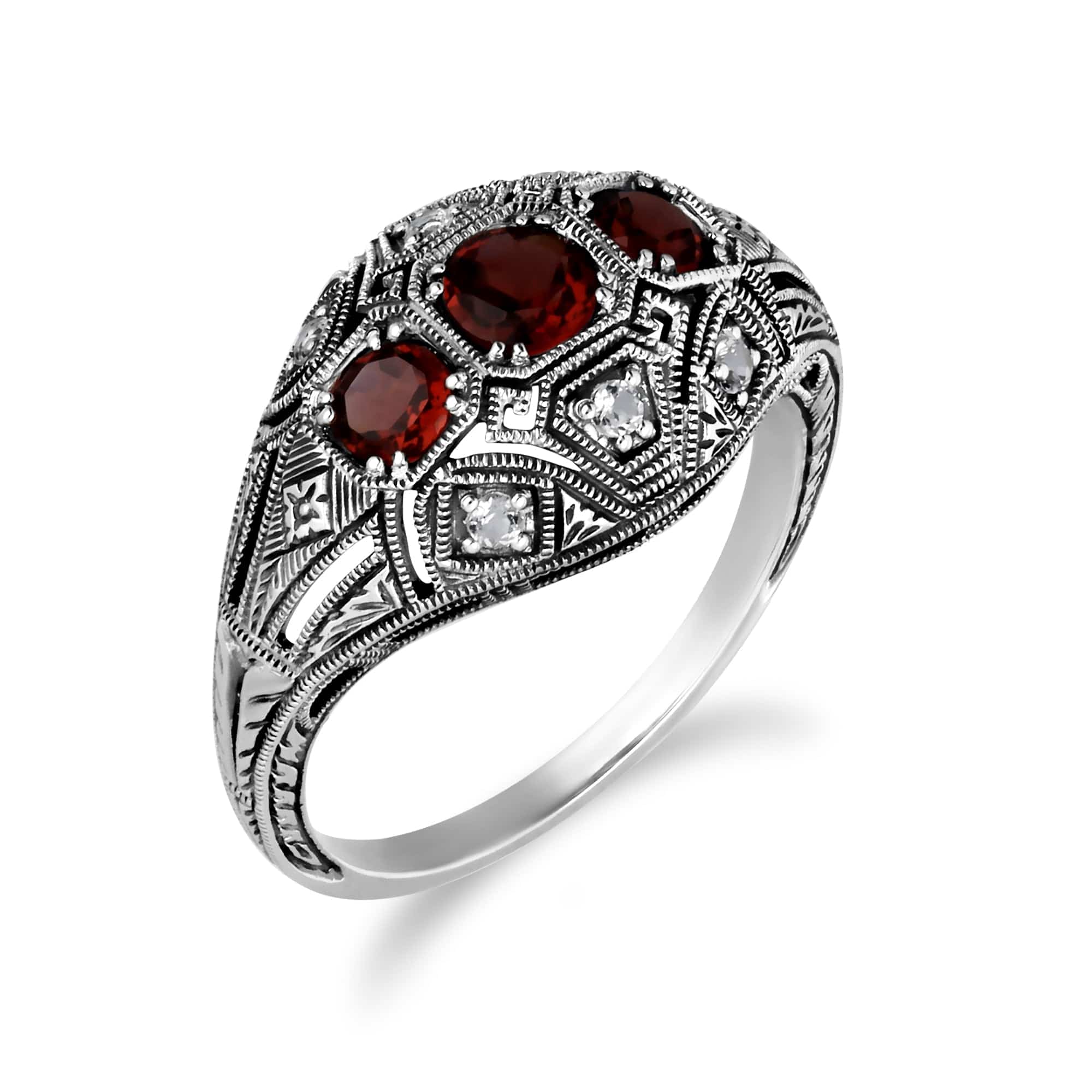 Art Deco Style Round Garnet & White Topaz Three Stone Ring in 925 Sterling Silver - Gemondo