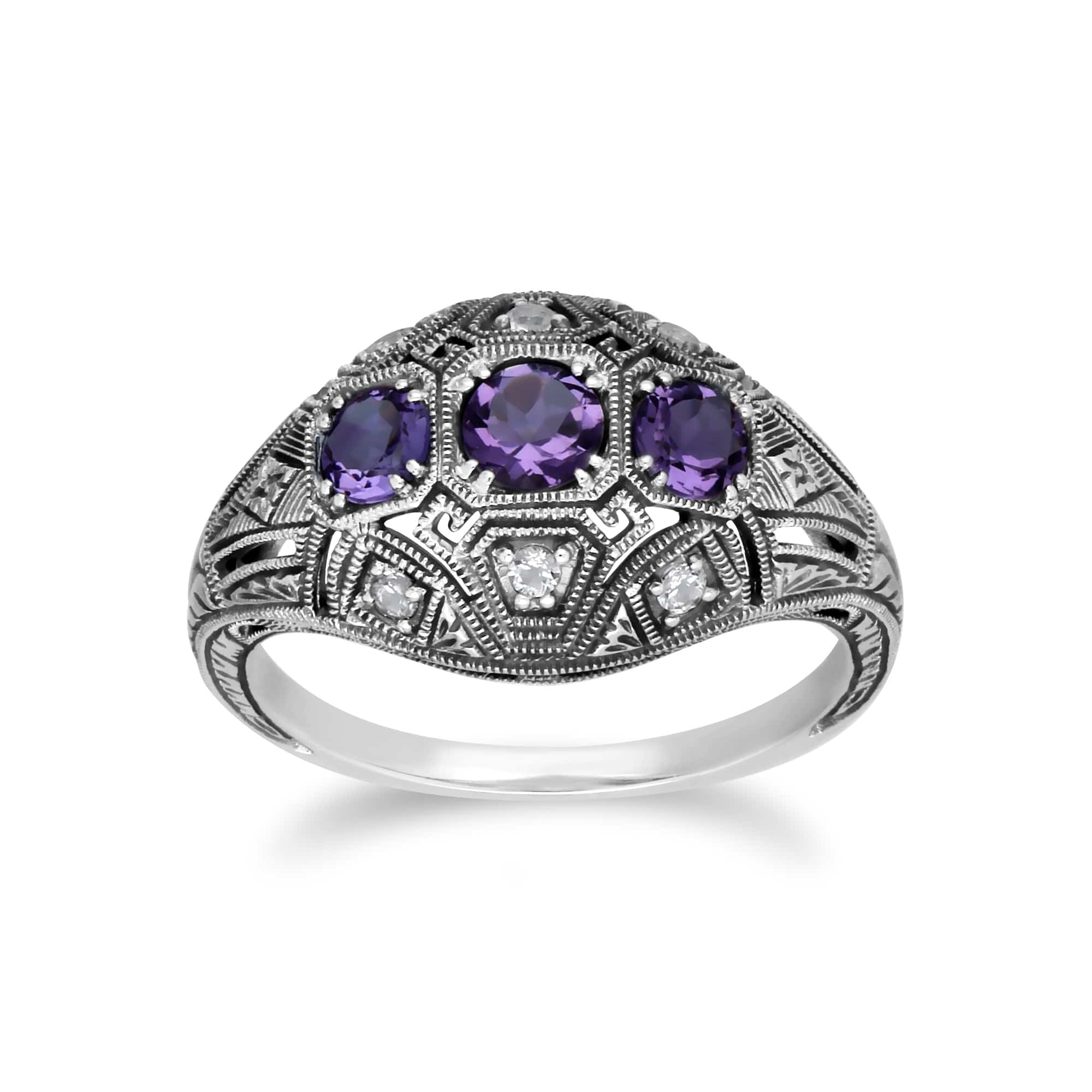 241R210402925 Art Deco Style Round Amethyst & White Topaz Three Stone Ring in Sterling Silver 1
