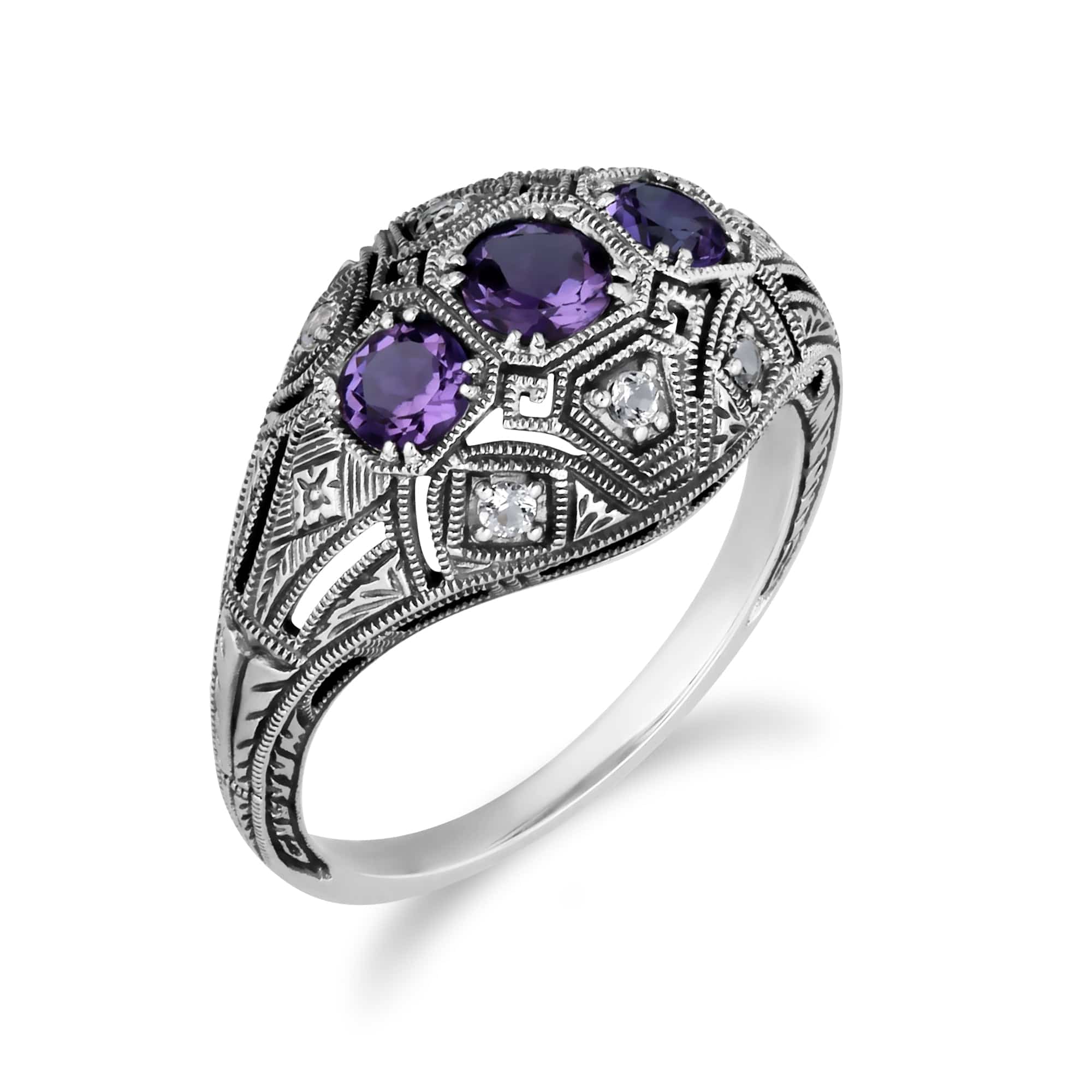 Art Deco Style Round Amethyst & White Topaz Three Stone Ring in Sterling Silver - Gemondo