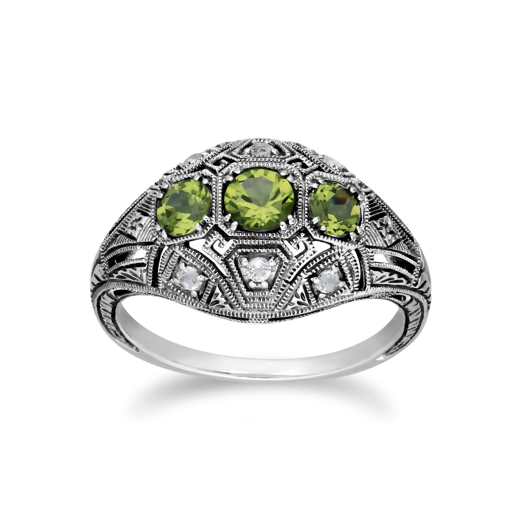 Art Deco Style Round Peridot & White Topaz Three Stone Ring in 925 Sterling Silver - Gemondo
