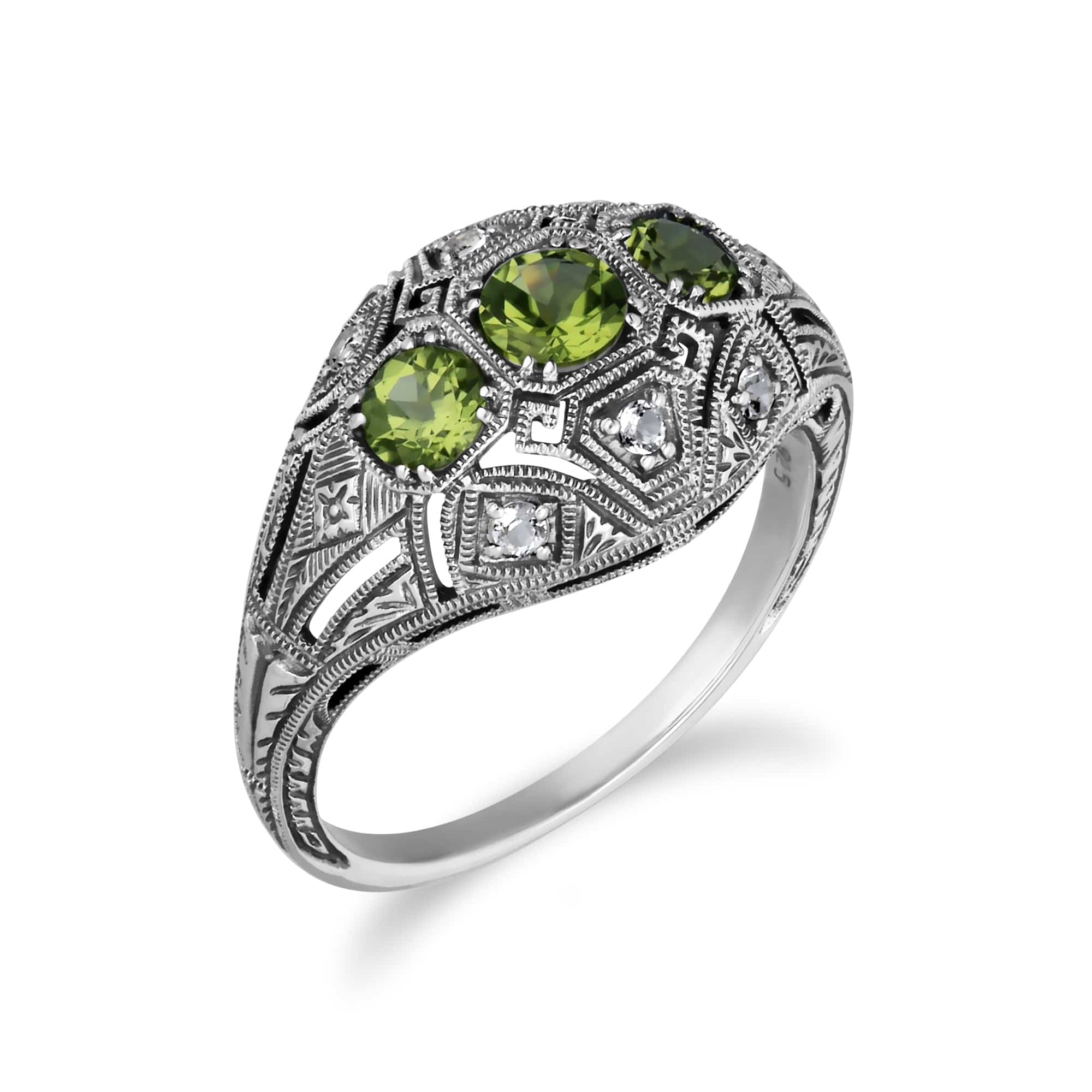 Art Deco Style Round Peridot & White Topaz Three Stone Ring in 925 Sterling Silver - Gemondo