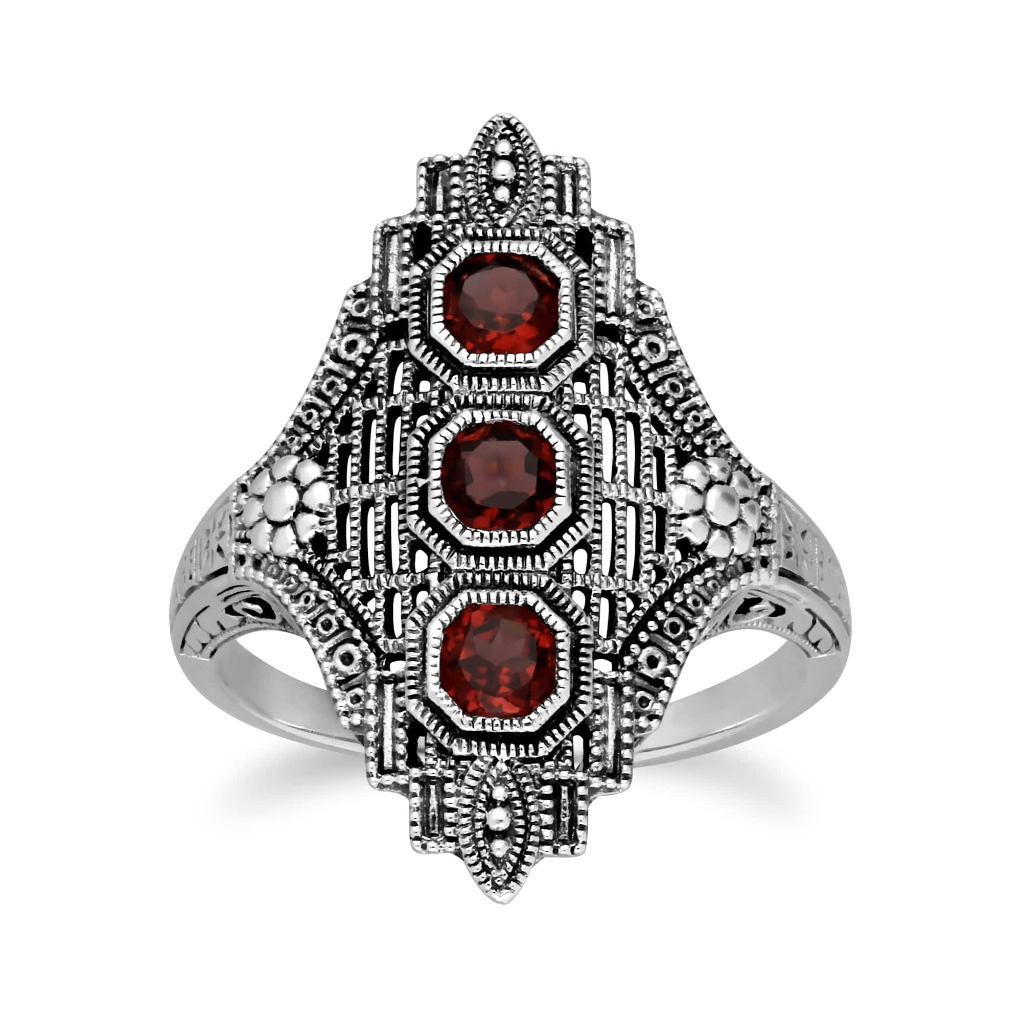 Art Nouveau Style Octagon Garnet Three Stone Filigree Statement Ring in 925 Sterling Silver - Gemondo