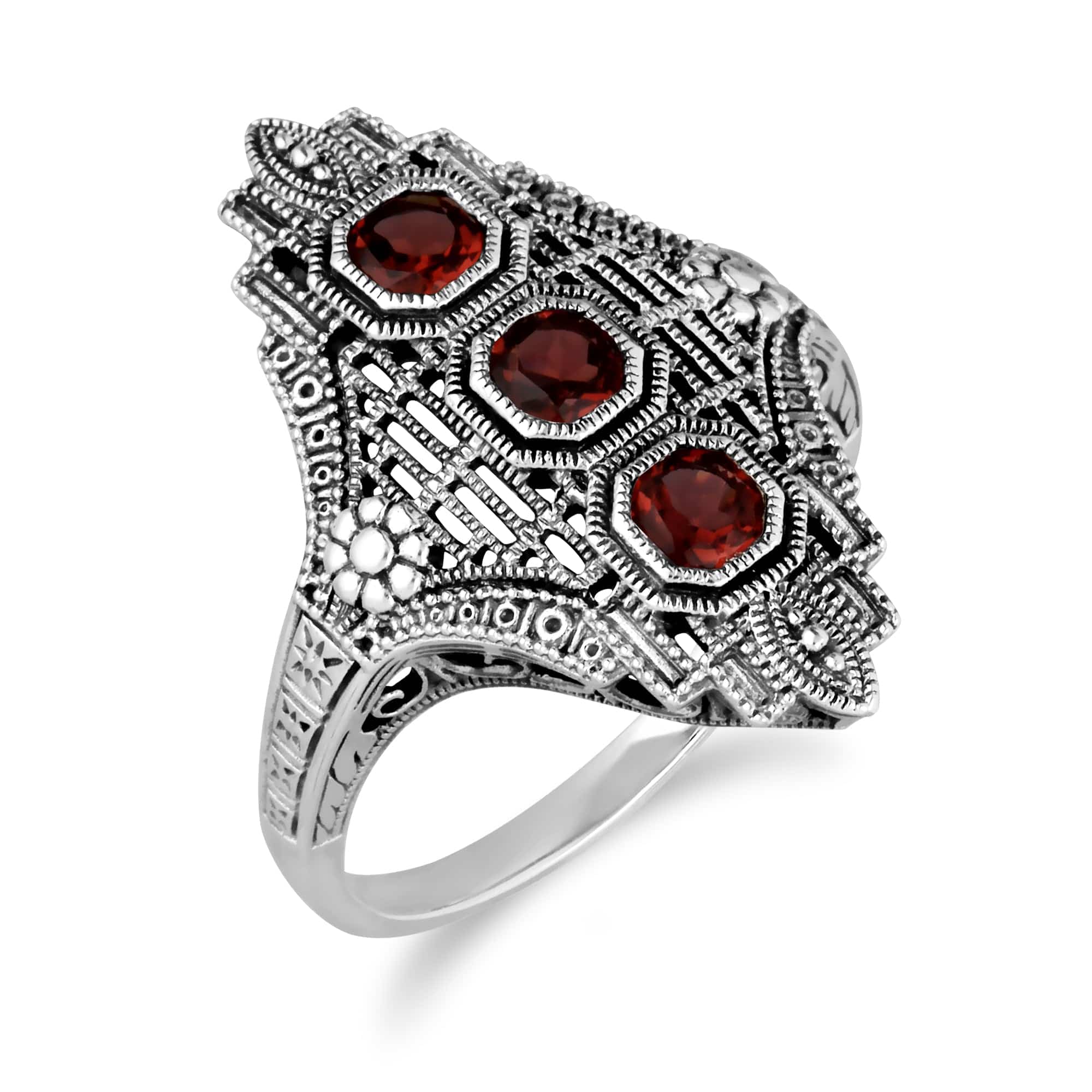 Art Nouveau Style Octagon Garnet Three Stone Filigree Statement Ring in 925 Sterling Silver - Gemondo