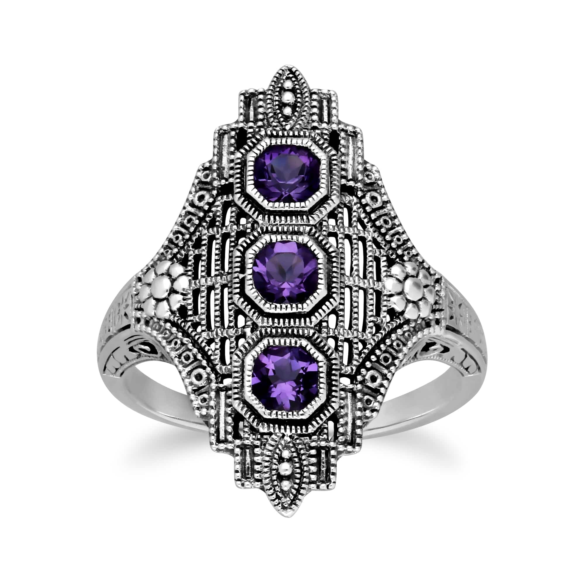Art Nouveau Style Octagon Amethyst Three Stone Filigree Statement Ring in 925 Sterling Silver - Gemondo