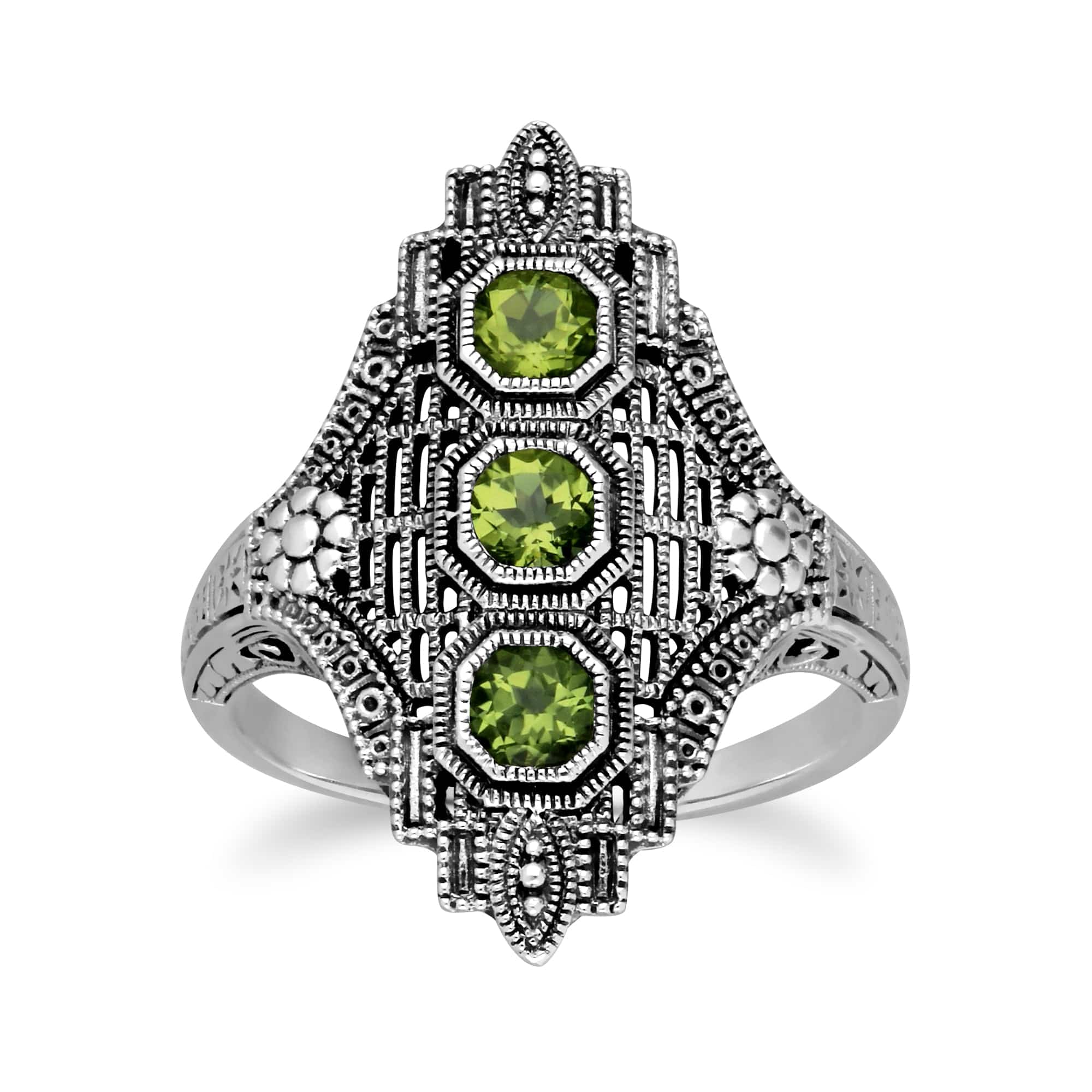 Art Nouveau Style Octagon Peridot Three Stone Filigree Statement Ring in 925 Sterling Silver - Gemondo