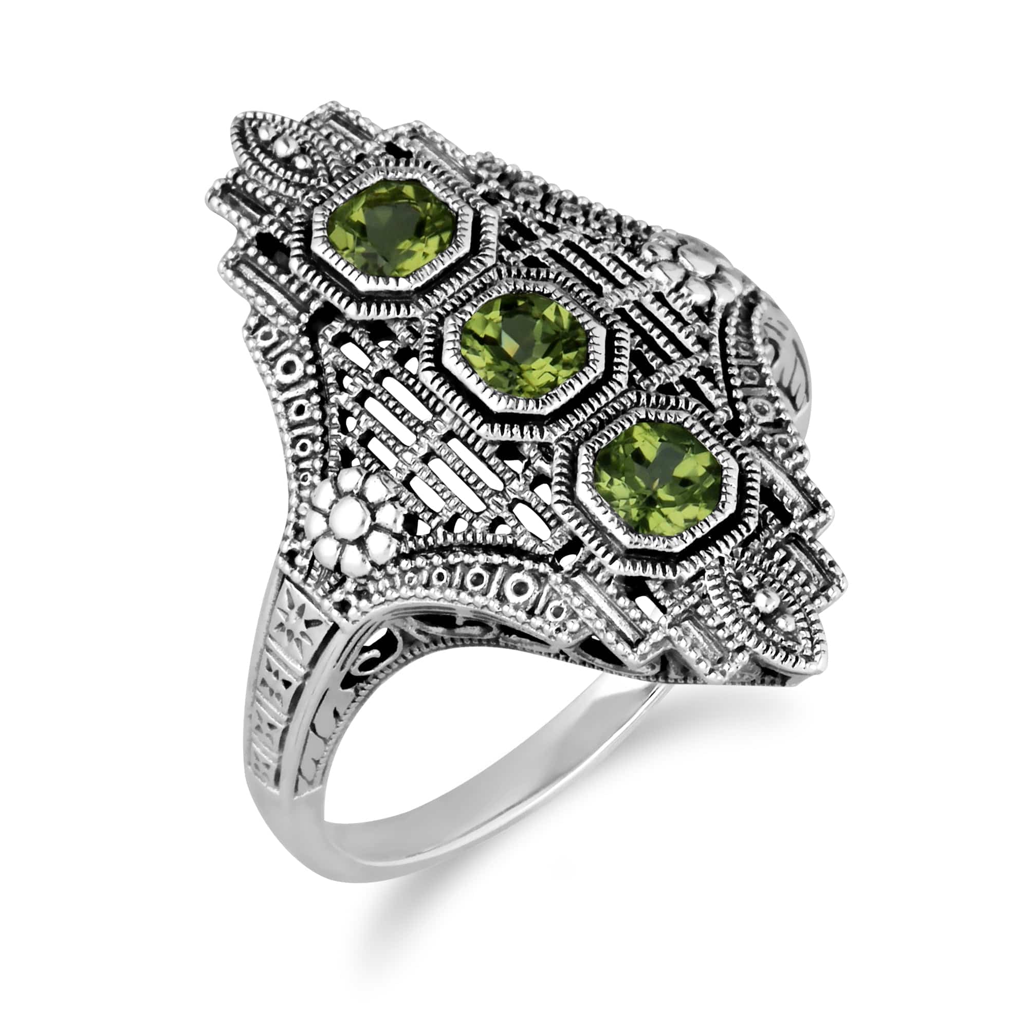 Art Nouveau Style Octagon Peridot Three Stone Filigree Statement Ring in 925 Sterling Silver - Gemondo