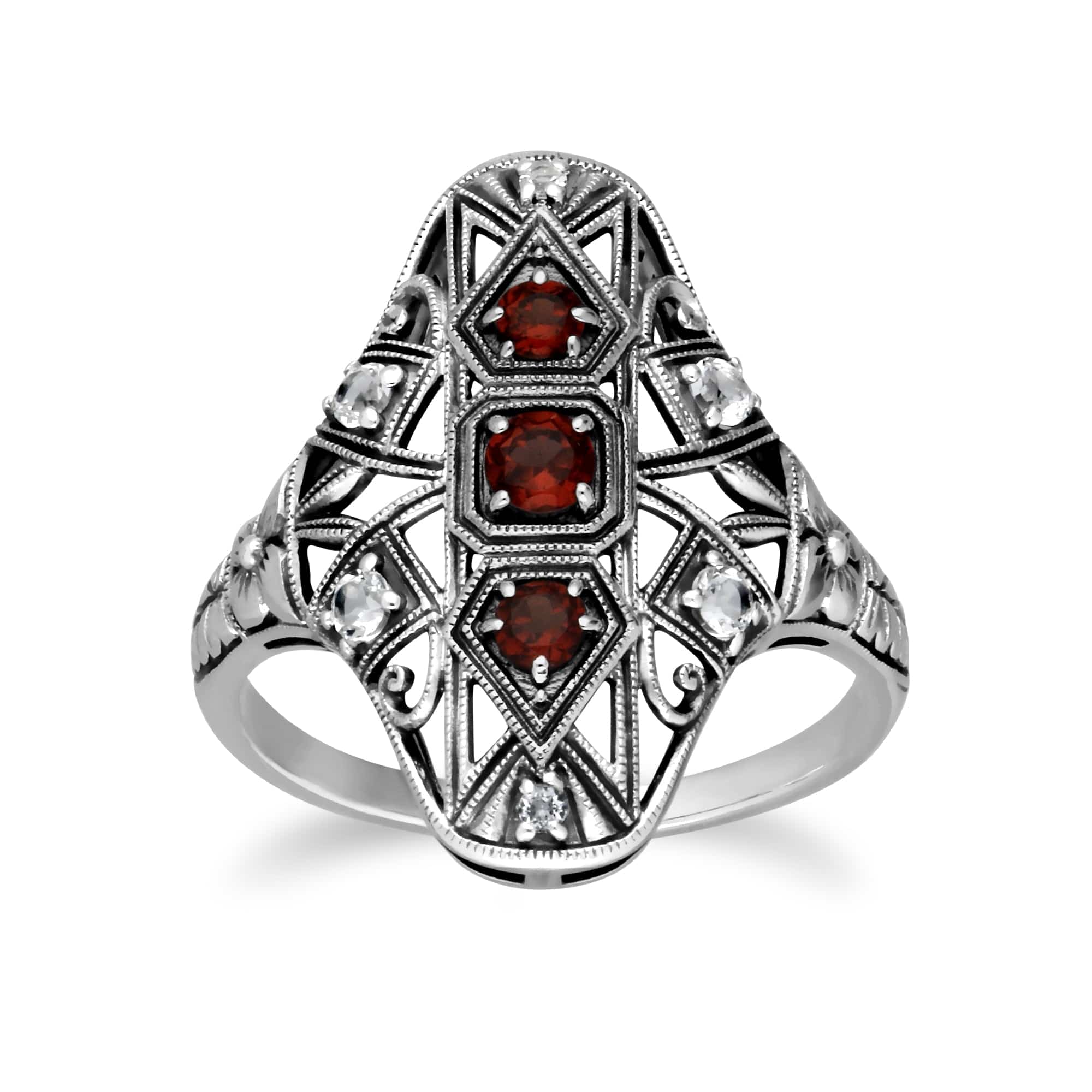 Art Nouveau Style Round Garnet & White Topaz Statement Ring in 925 Sterling Silver - Gemondo