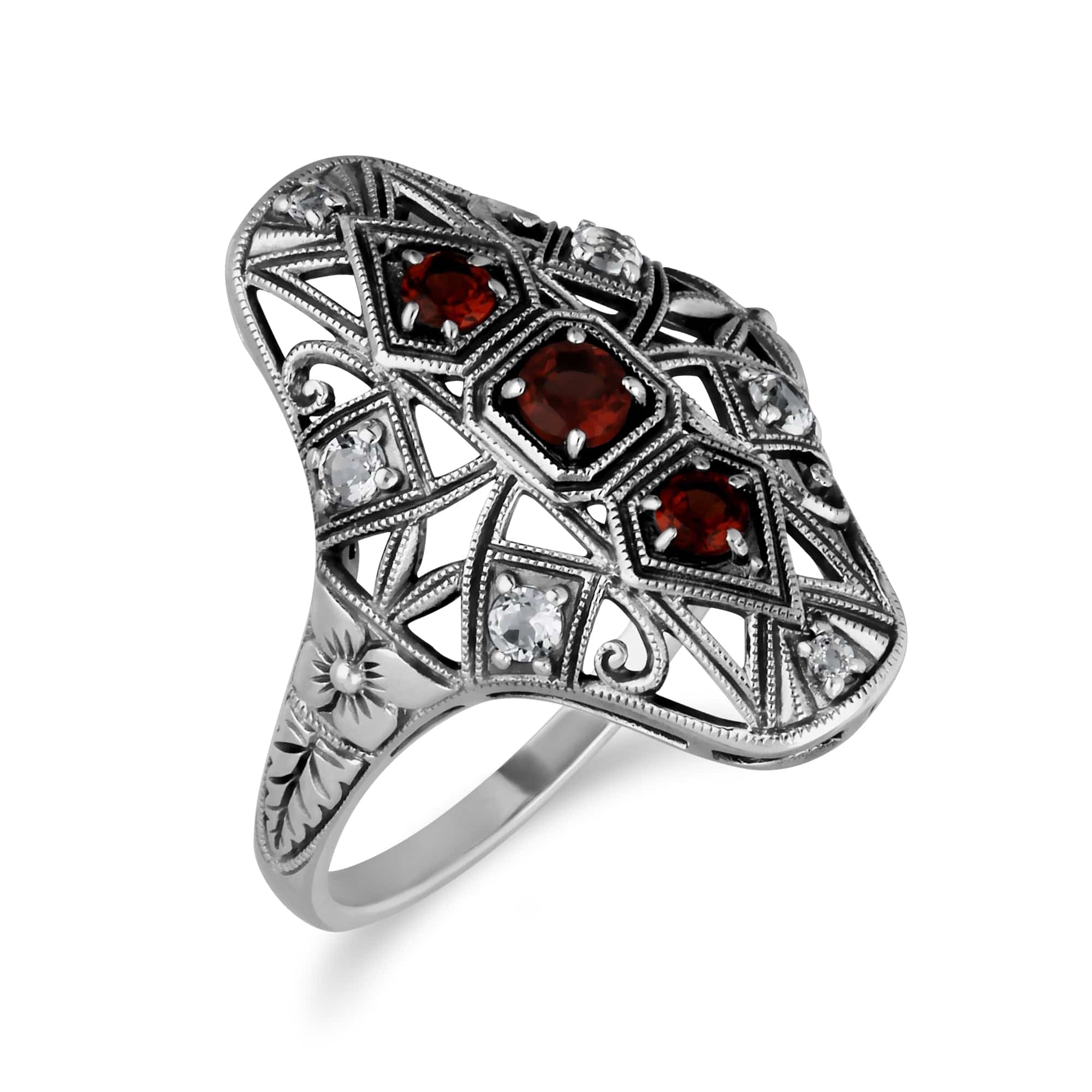 Art Nouveau Style Round Garnet & White Topaz Statement Ring in 925 Sterling Silver - Gemondo