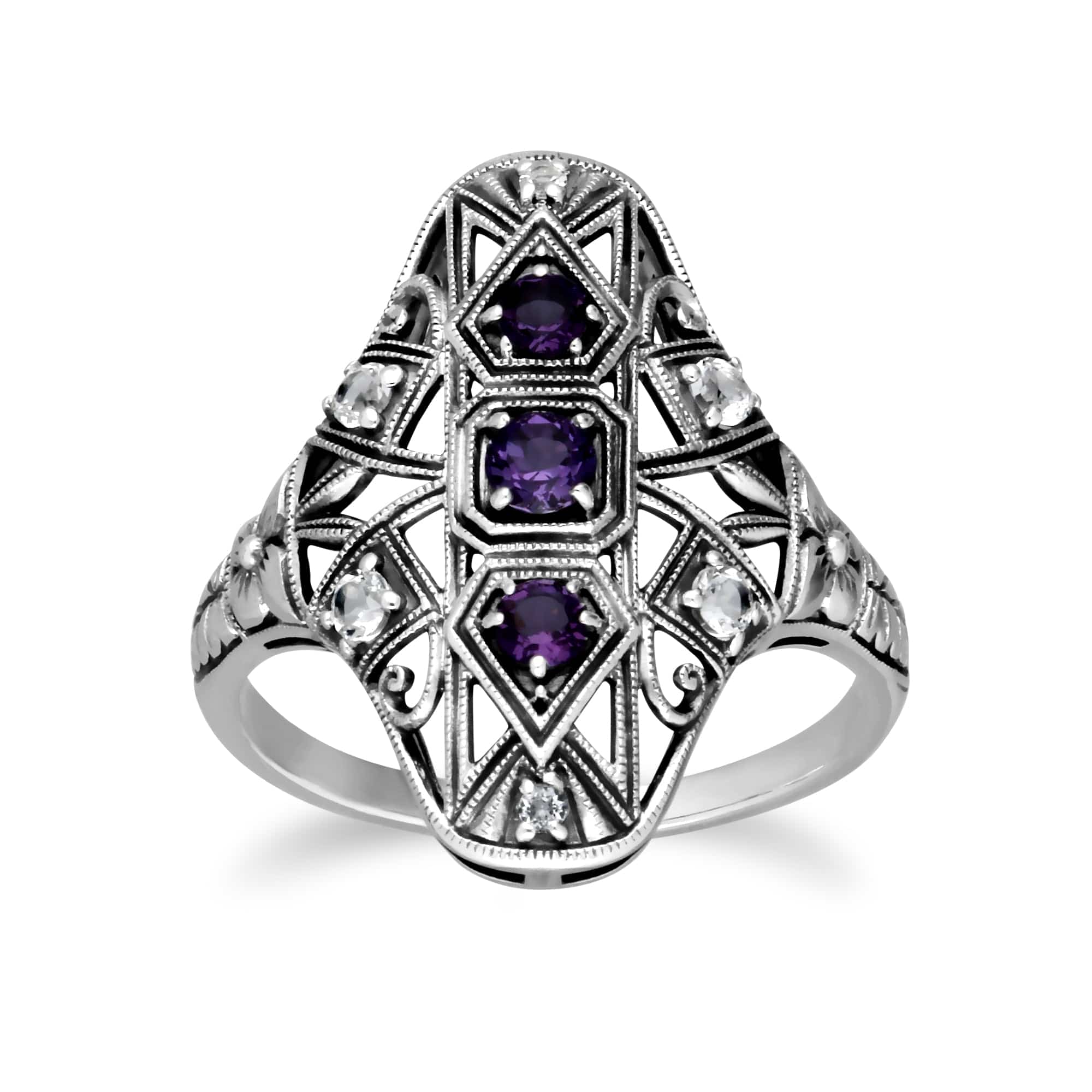 Art Nouveau Style Round Amethyst & White Topaz Statement Ring in 925 Sterling Silver - Gemondo