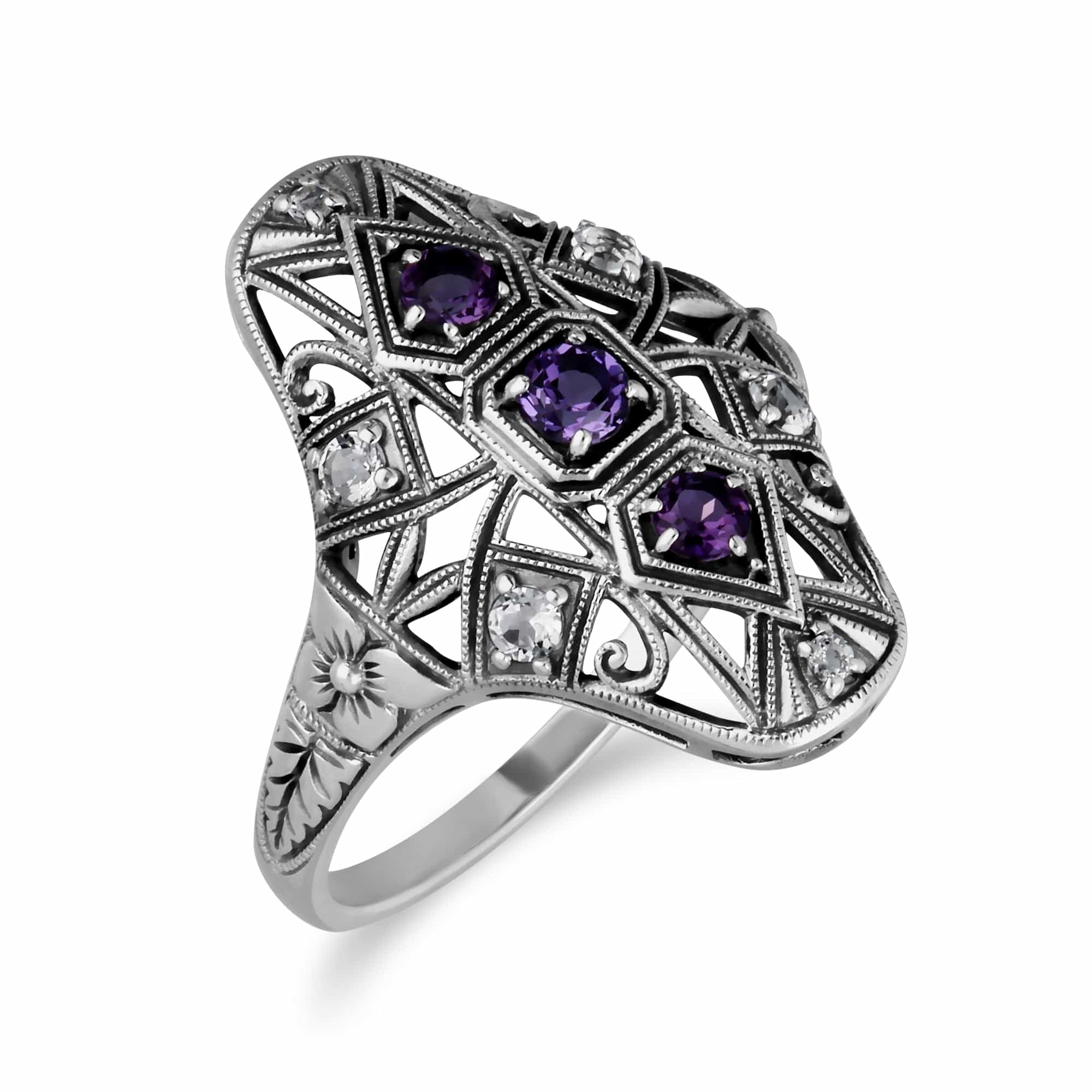 Art Nouveau Style Round Amethyst & White Topaz Statement Ring in 925 Sterling Silver - Gemondo