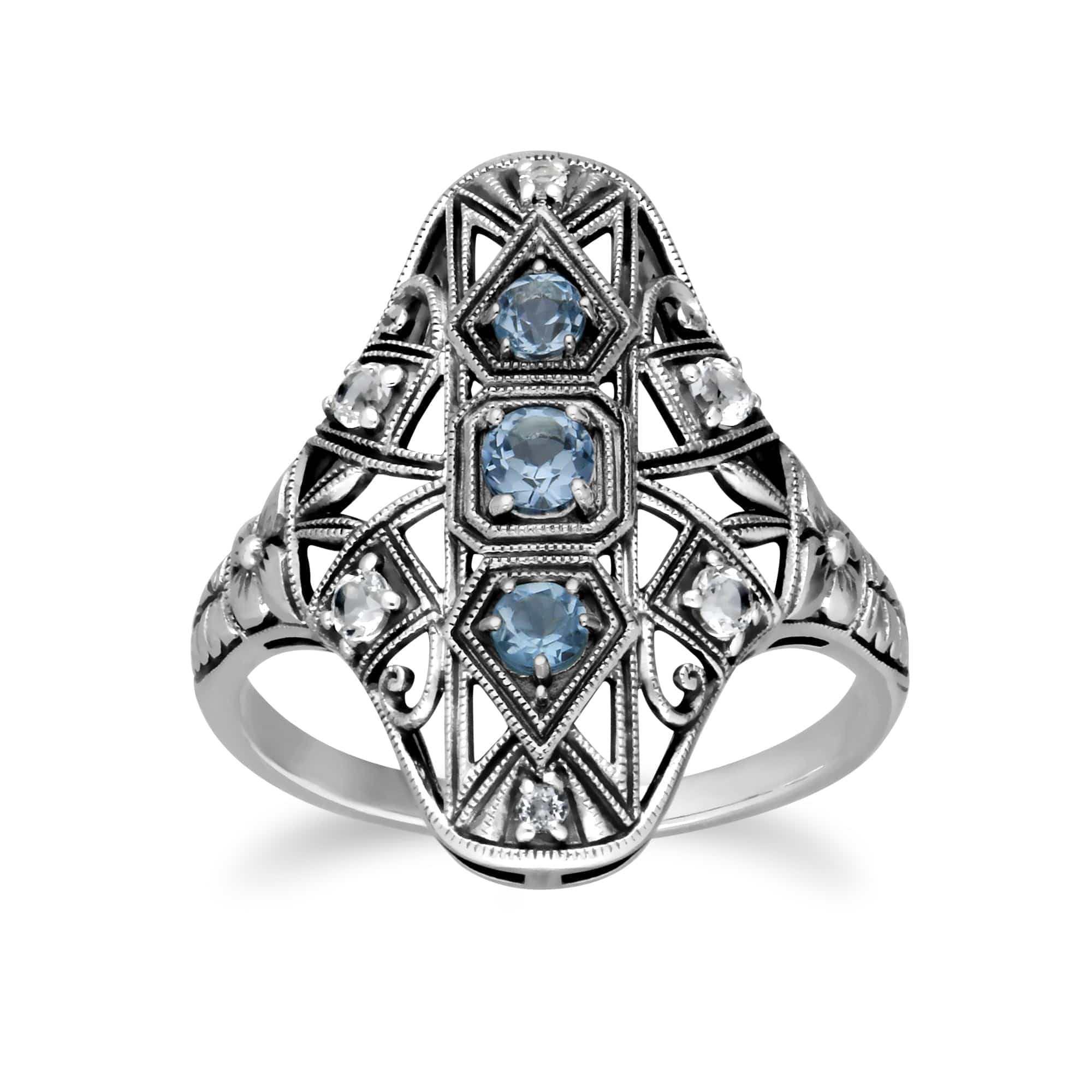 Art Nouveau Style Round Blue & White Topaz Statement Ring in 925 Sterling Silver - Gemondo