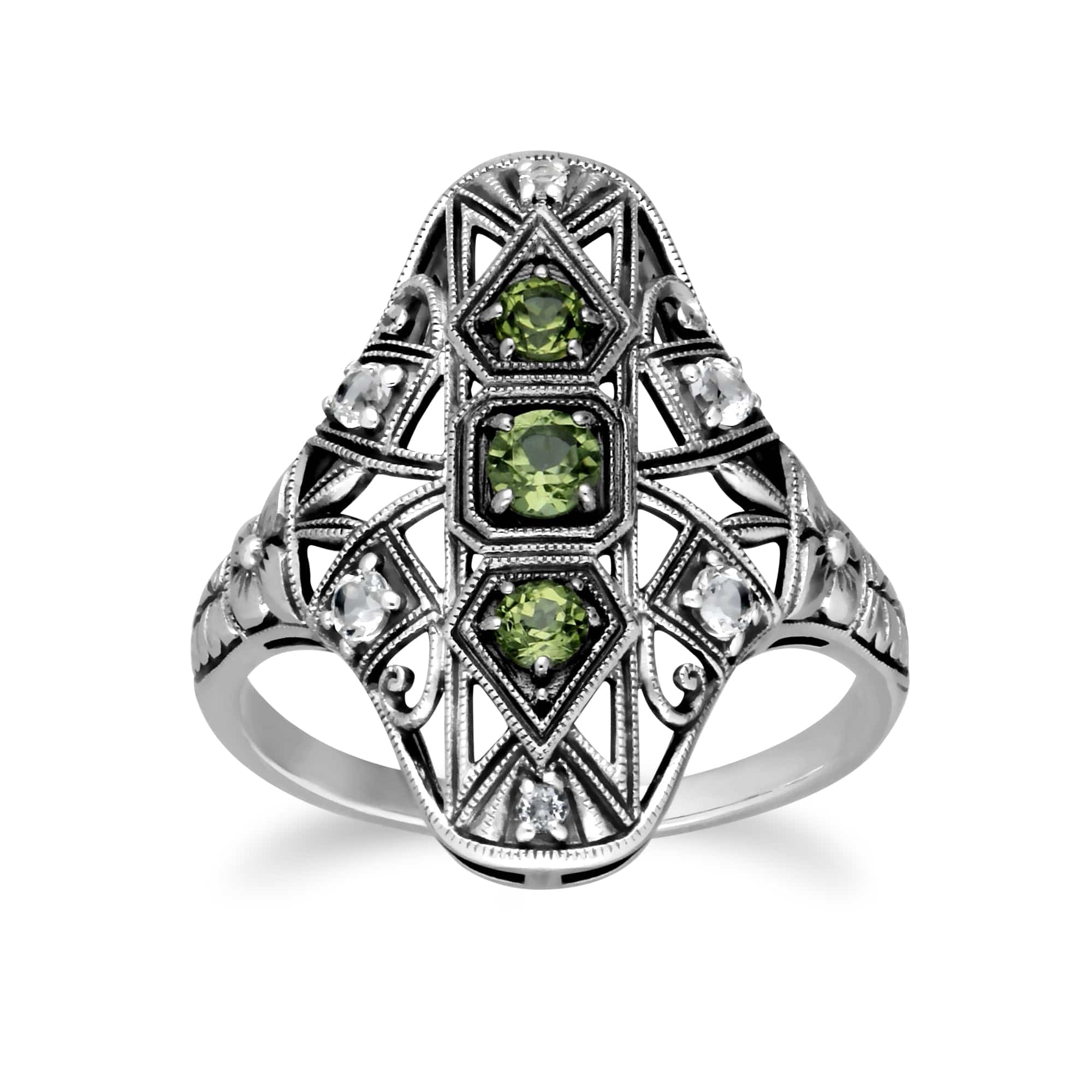 Art Nouveau Style Round Peridot & White Topaz Statement Ring in 925 Sterling Silver - Gemondo