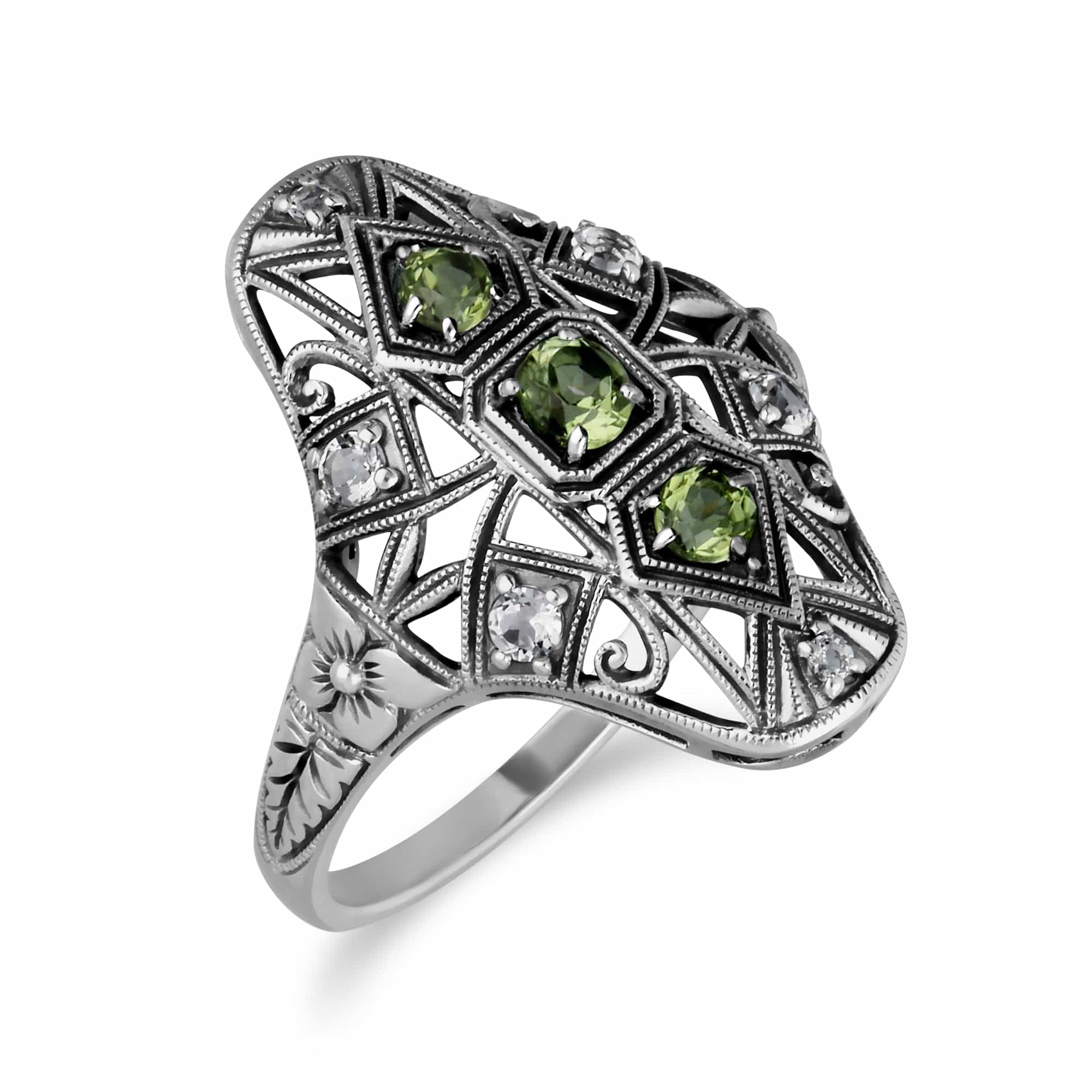 Art Nouveau Style Round Peridot & White Topaz Statement Ring in 925 Sterling Silver - Gemondo