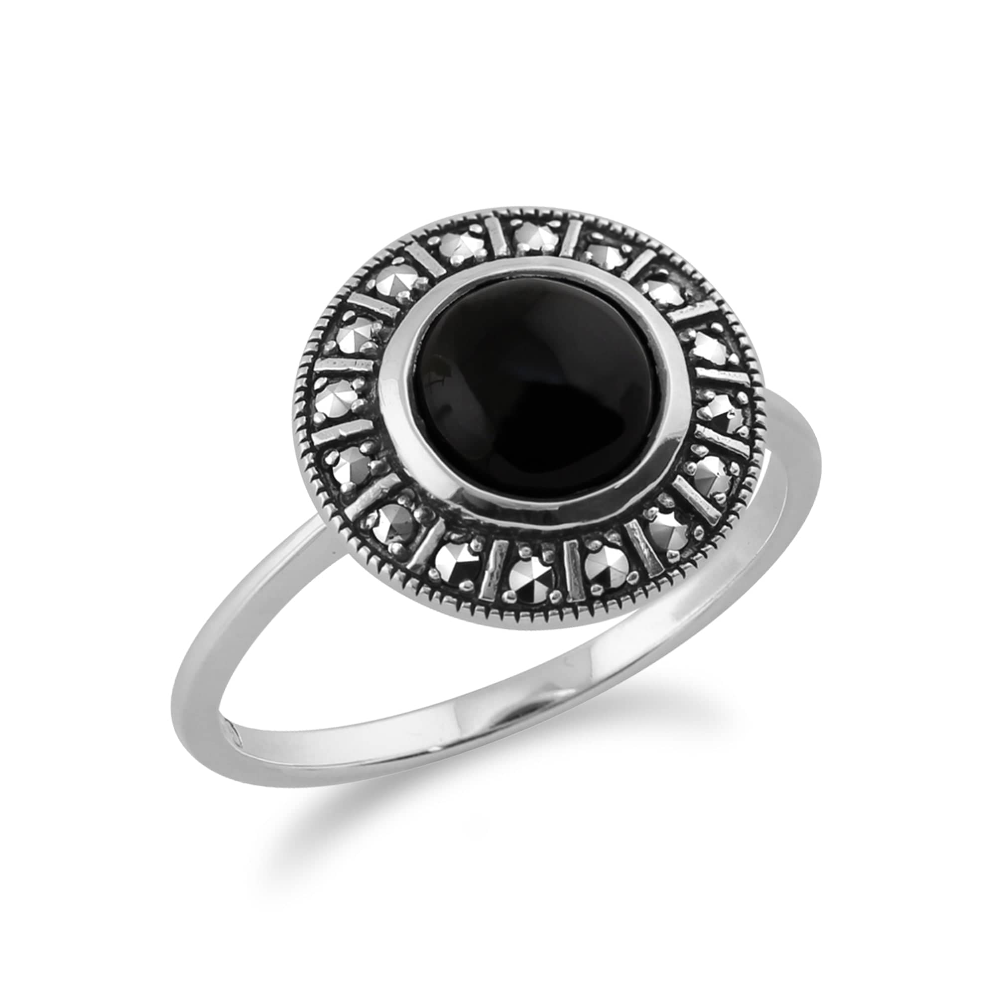 214R513402925 Art Deco Style Round Black Onyx Cabochon & Marcasite Halo Ring in 925 Sterling Silver 2