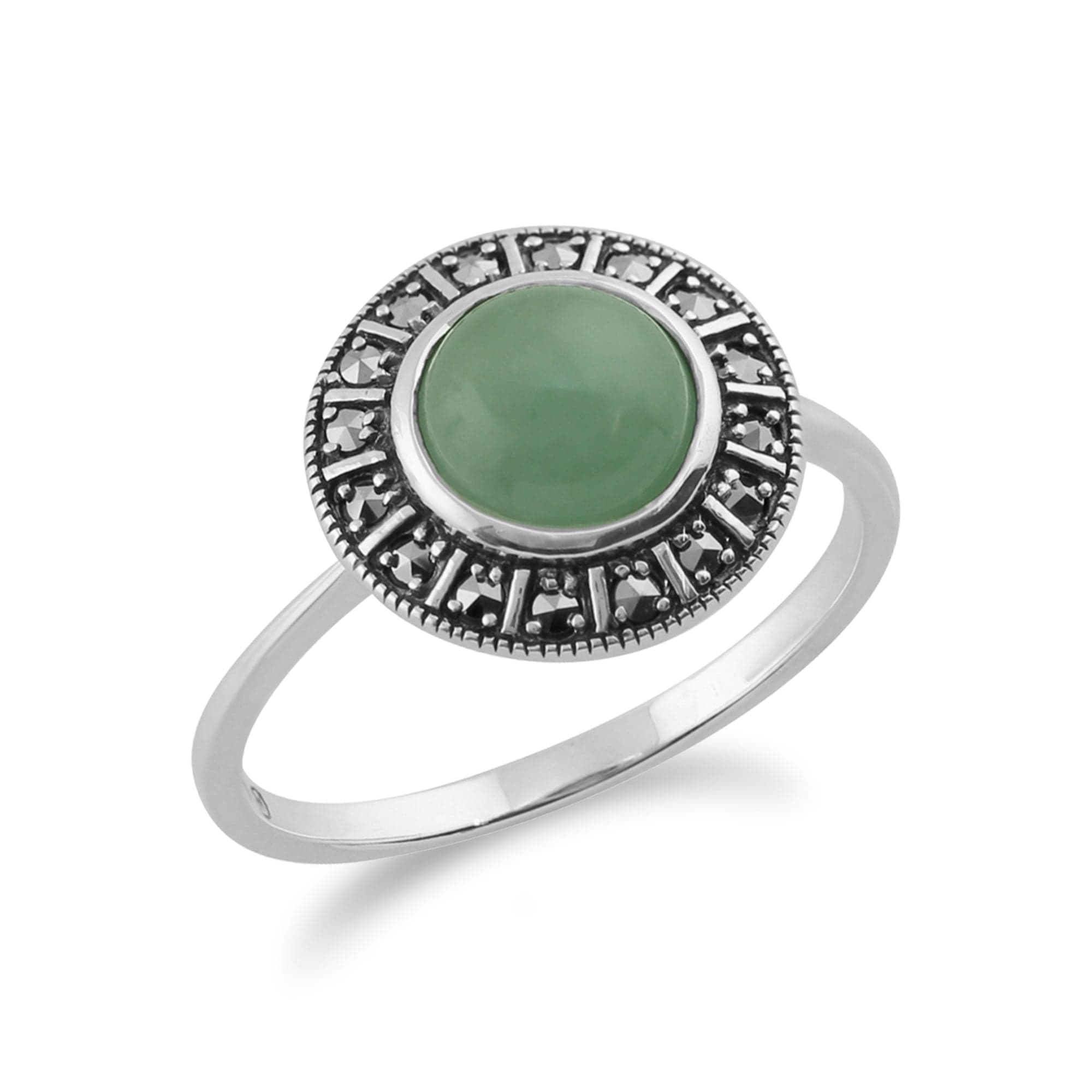 214R513409925 Art Deco Style Round Green Jade Cabochon & Marcasite Halo Ring in 925 Sterling Silver 2