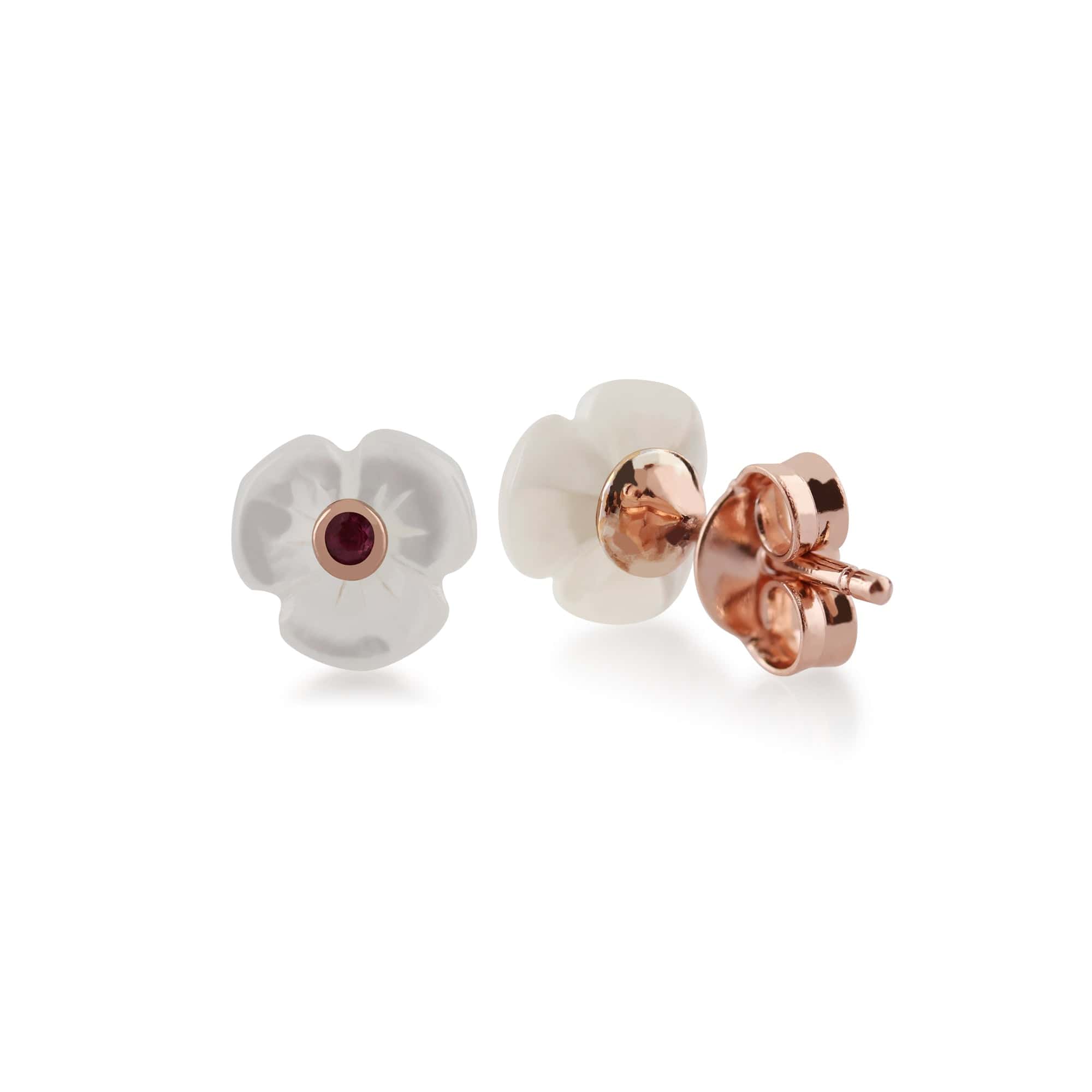 253E224101925 Floral Mother of Pearl & Round Ruby Poppy Stud Earrings in Rose Gold Plated 925 Sterling Silver 2