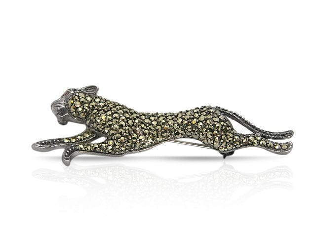 925 Sterling Silver Marcasite & Ruby Cheetah Brooch Image