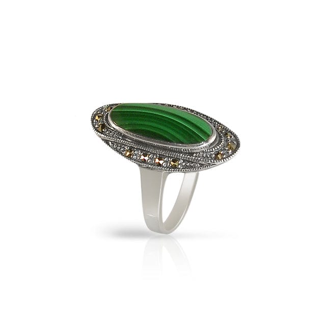 26635 Art Deco Style Oval Malachite Cabochon Cocktail Ring in 925 Sterling Silver 2