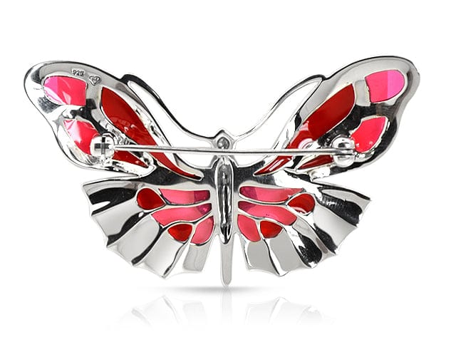 Art Nouveau Round Marcasite & Red Enamel Butterfly Brooch in 925 Sterling Silver - Gemondo