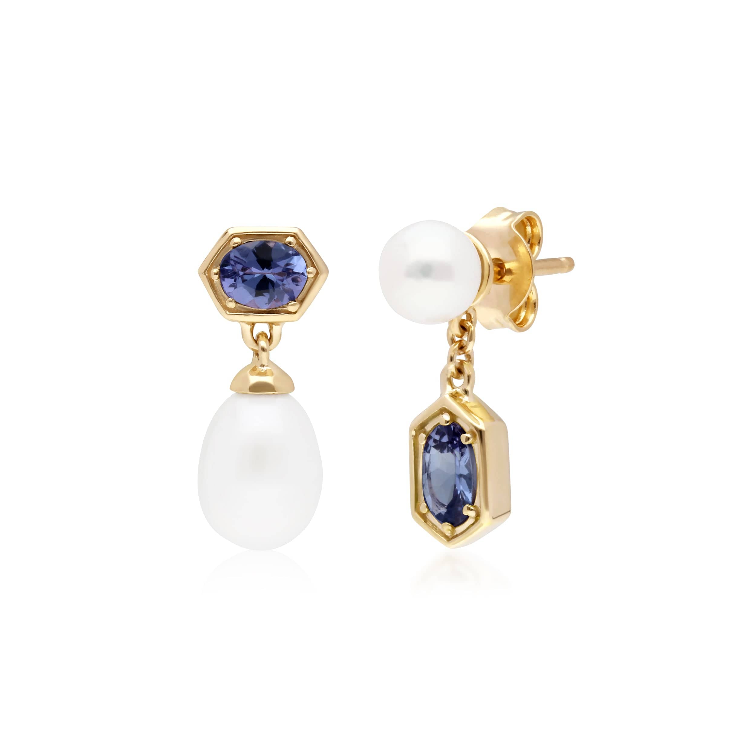 270E030208925 Modern Pearl & Tanzanite Mismatched Drop Earrings in Gold Plated Silver 1