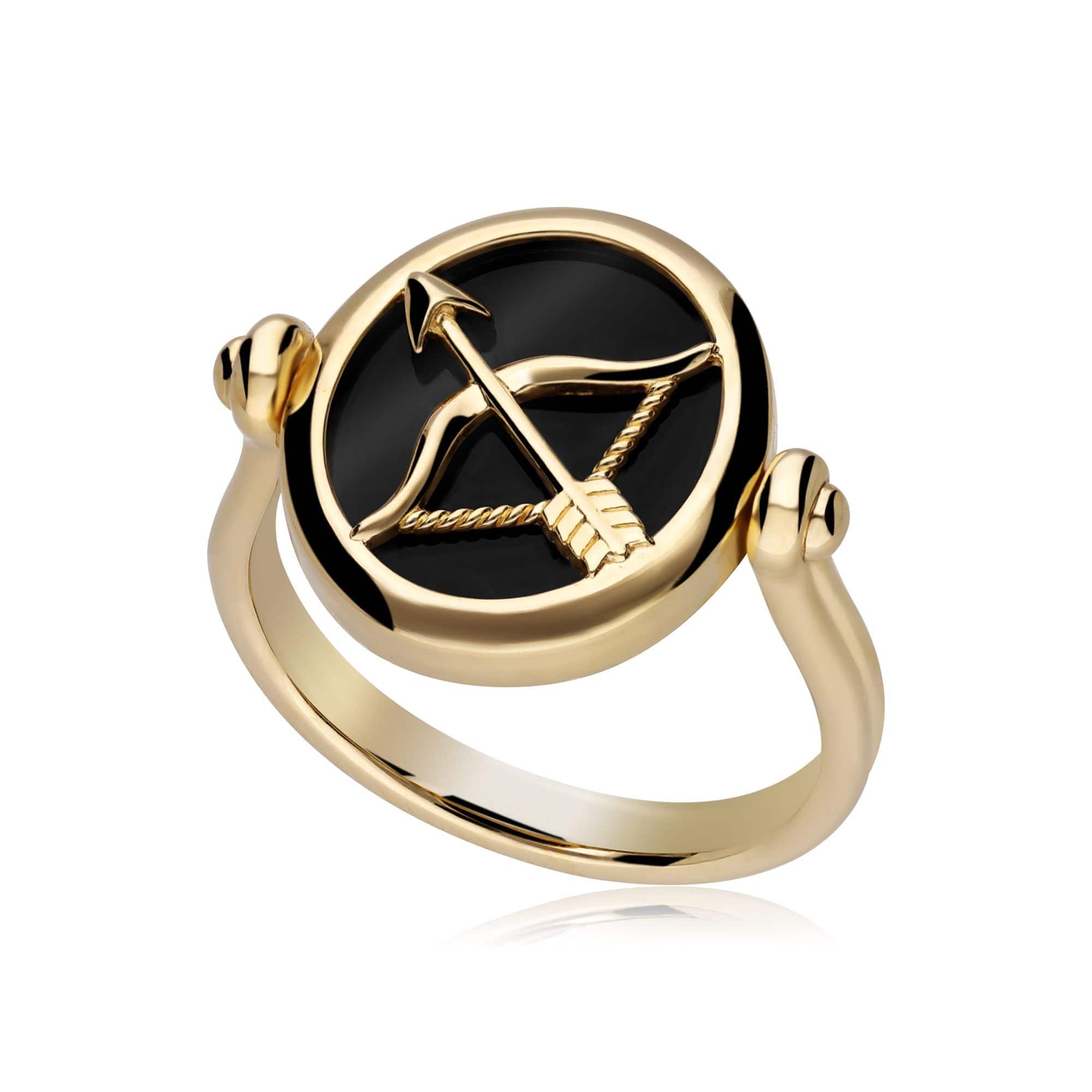 270R061301925 Zodiac Black Onyx Sagittarius Flip Ring in 18ct Gold Plated Silver 1