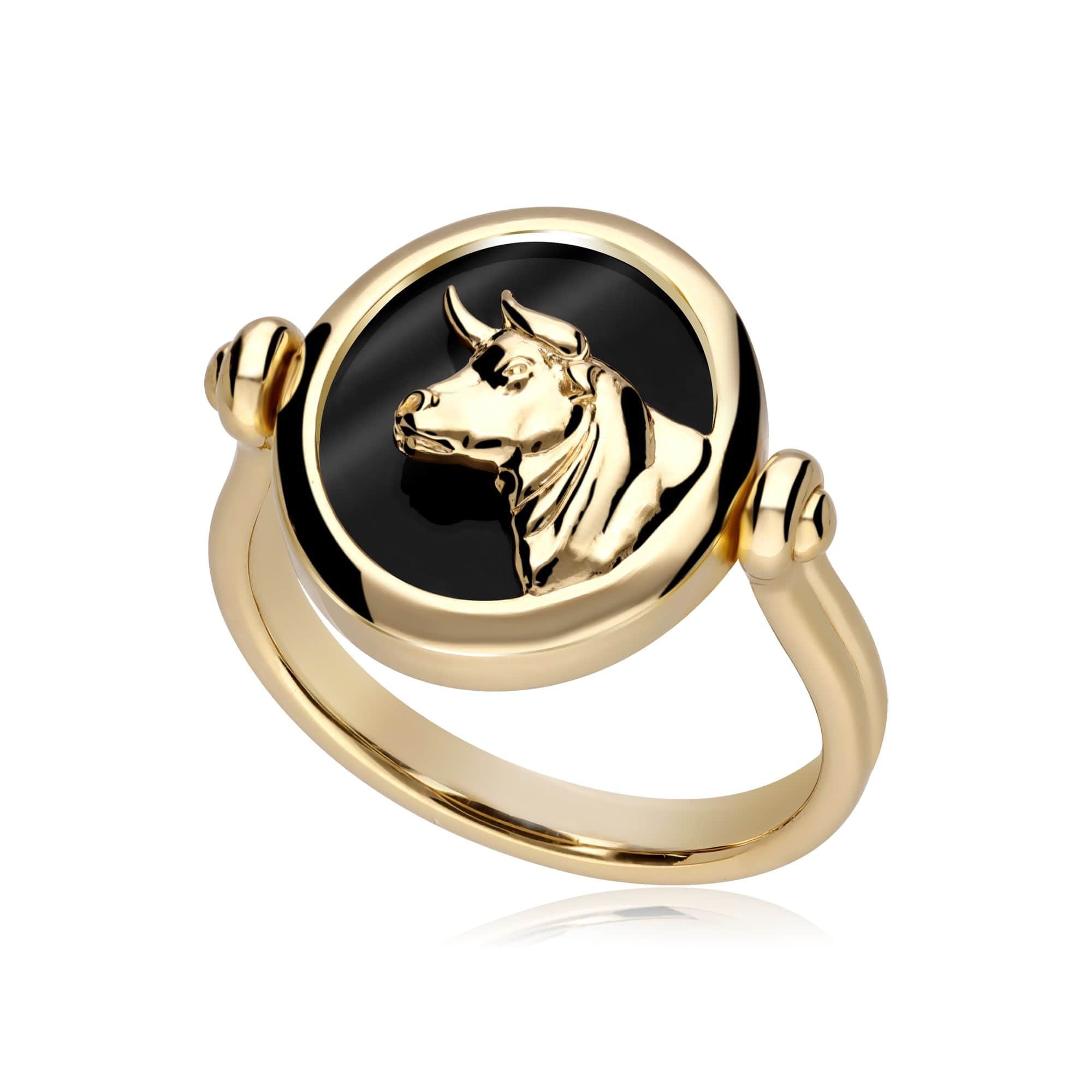 270R061501925 Zodiac Black Onyx Taurus Flip Ring in 18ct Gold Plated Silver 1