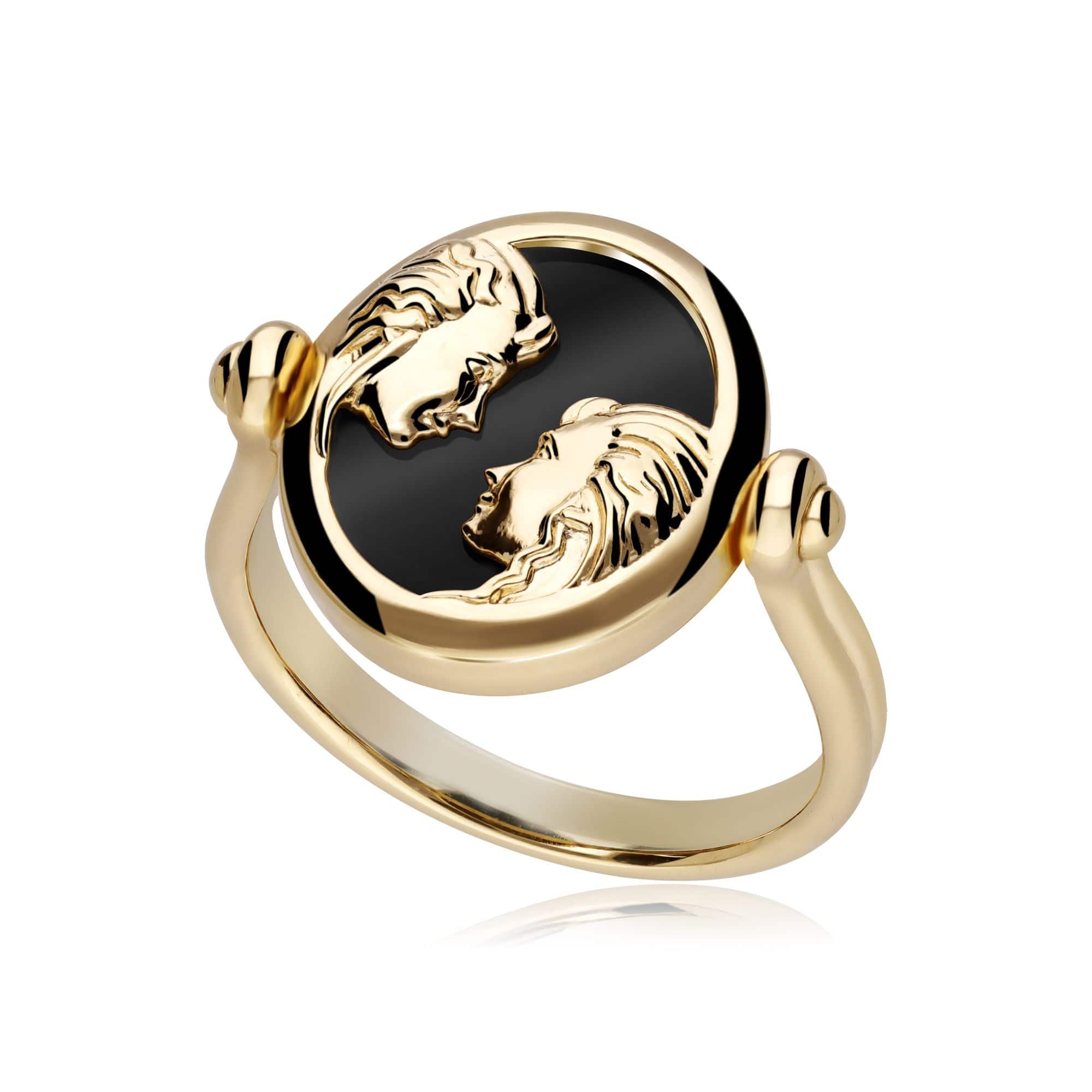 270R061601925 Zodiac Black Onyx Gemini Flip Ring in 18ct Gold Plated Silver 1