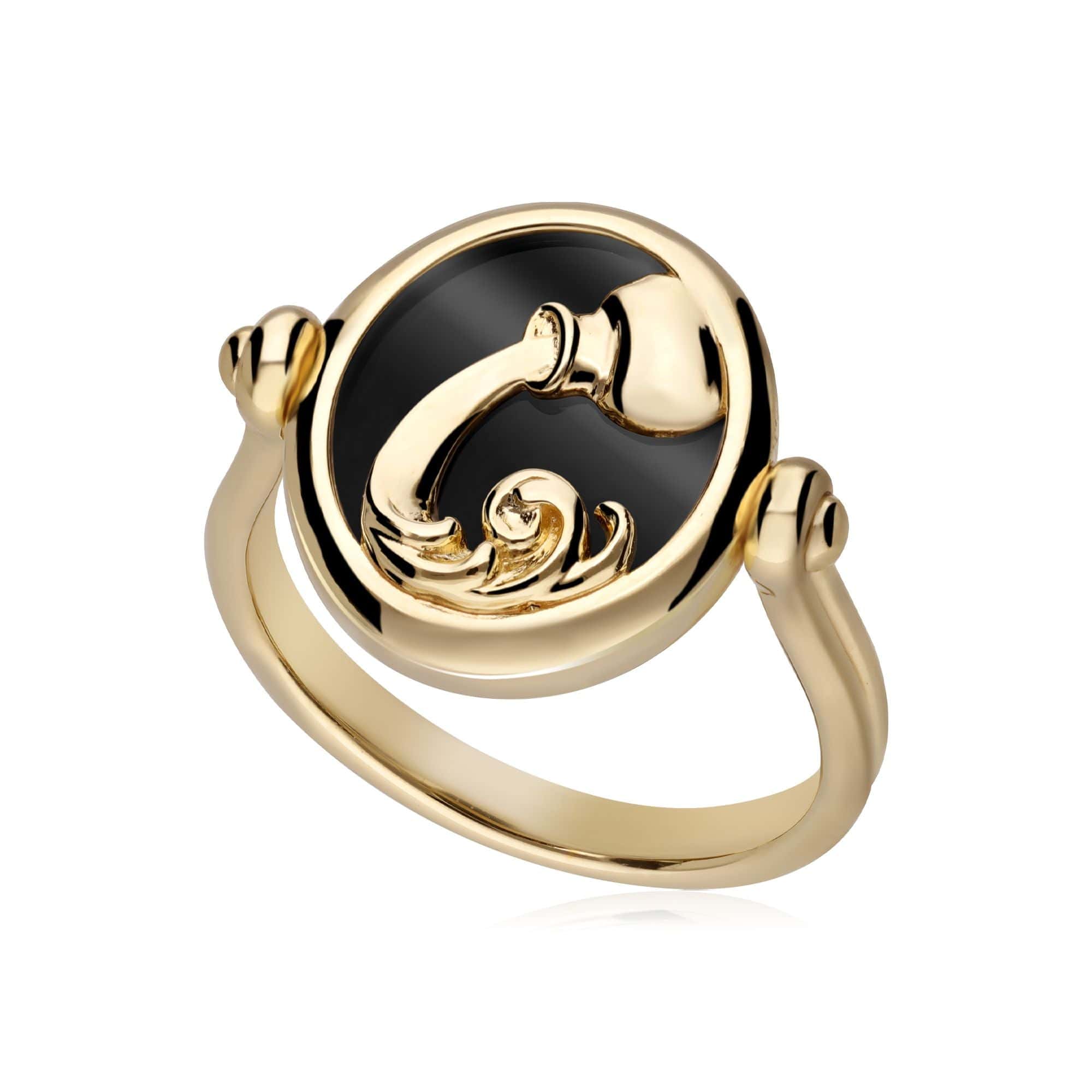 270R062301925 Zodiac Black Onyx Aquarius Flip Ring in 18ct Gold Plated Silver 1
