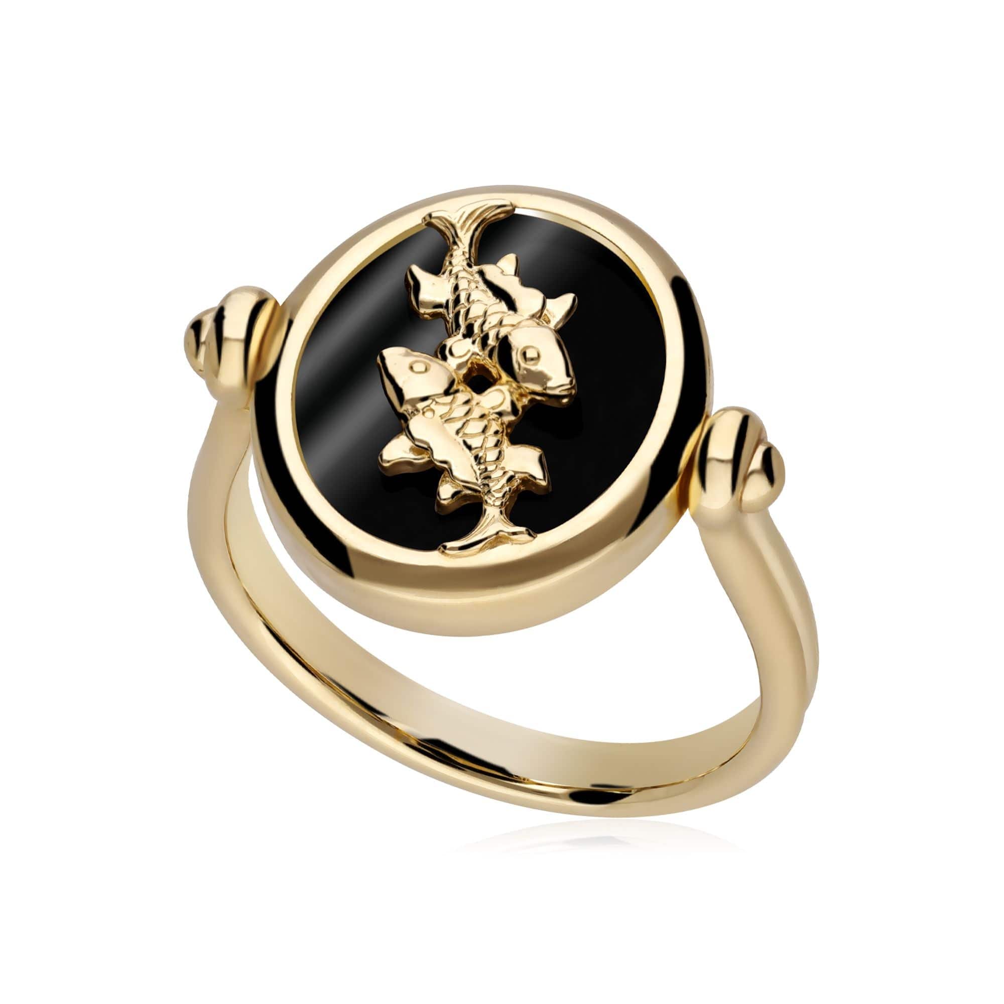 270R062401925 Zodiac Black Onyx Pisces Flip Ring in 18ct Gold Plated Silver 1