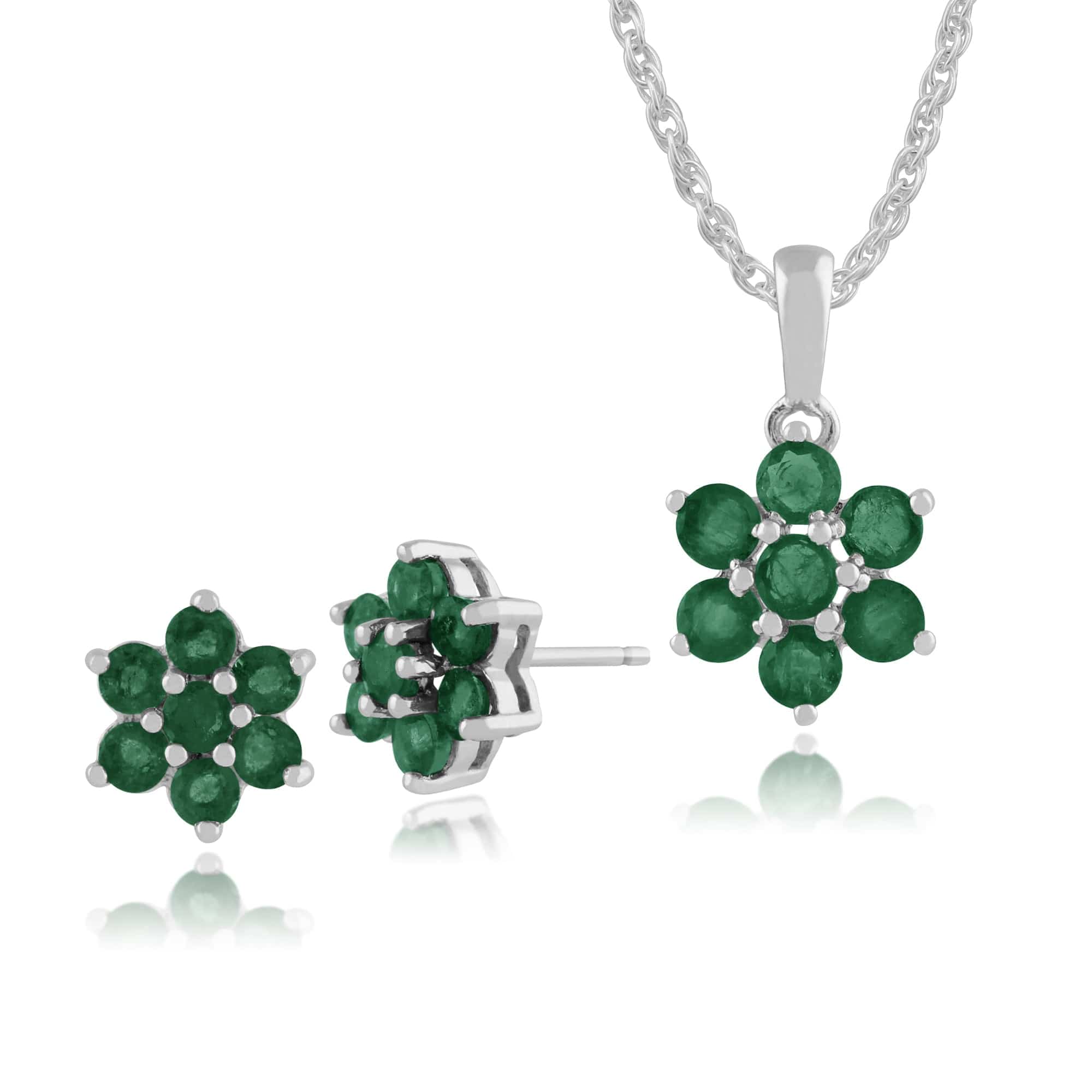 270E014009925-270P0169089 Floral Round Emerald Flower Cluster Stud Earrings & Pendant Set in 925 Sterling Silver 1