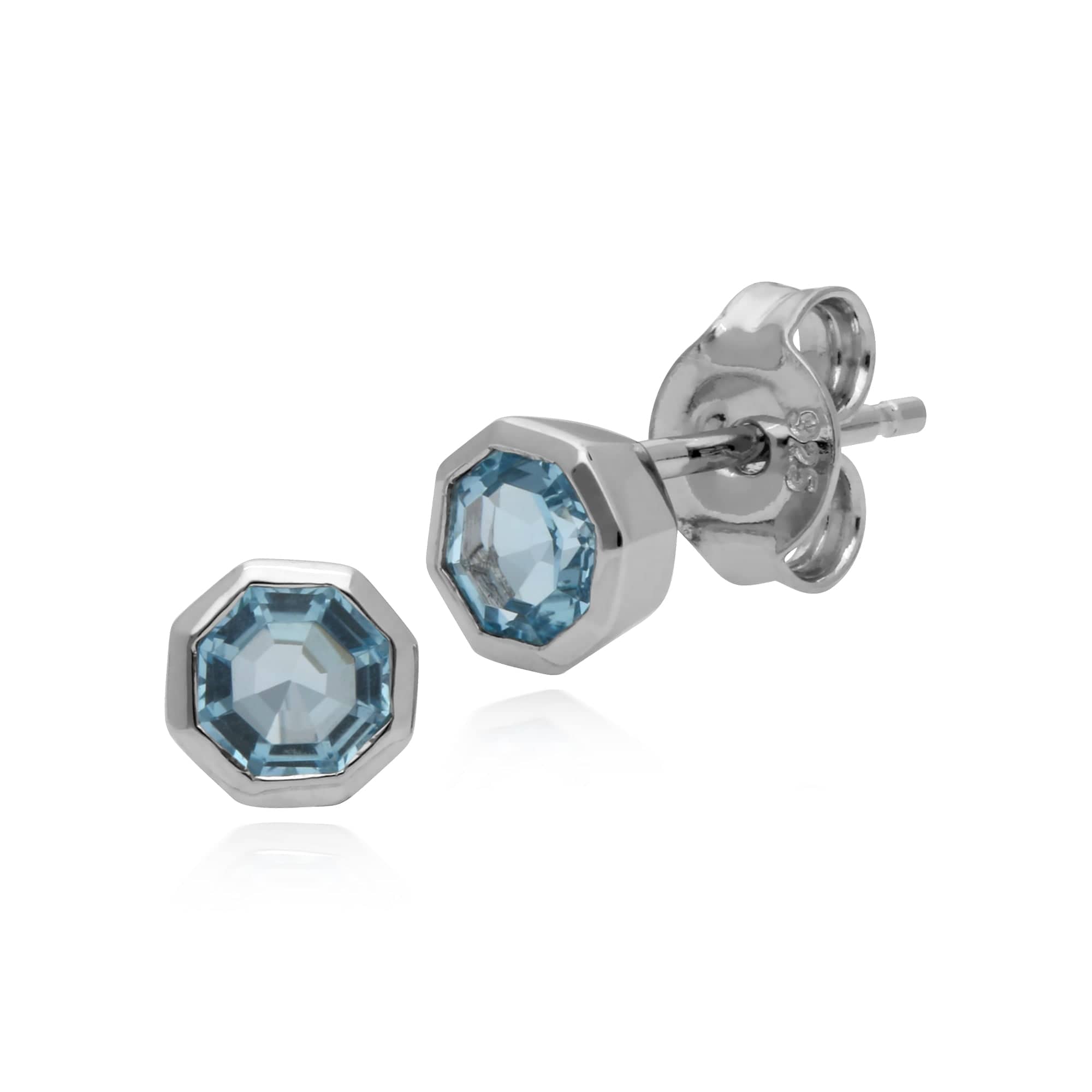 270E025002925-270R055701925 Geometric Octagon Blue Topaz Bezel Stud Earrings & Ring Set in 925 Sterling Silver 2