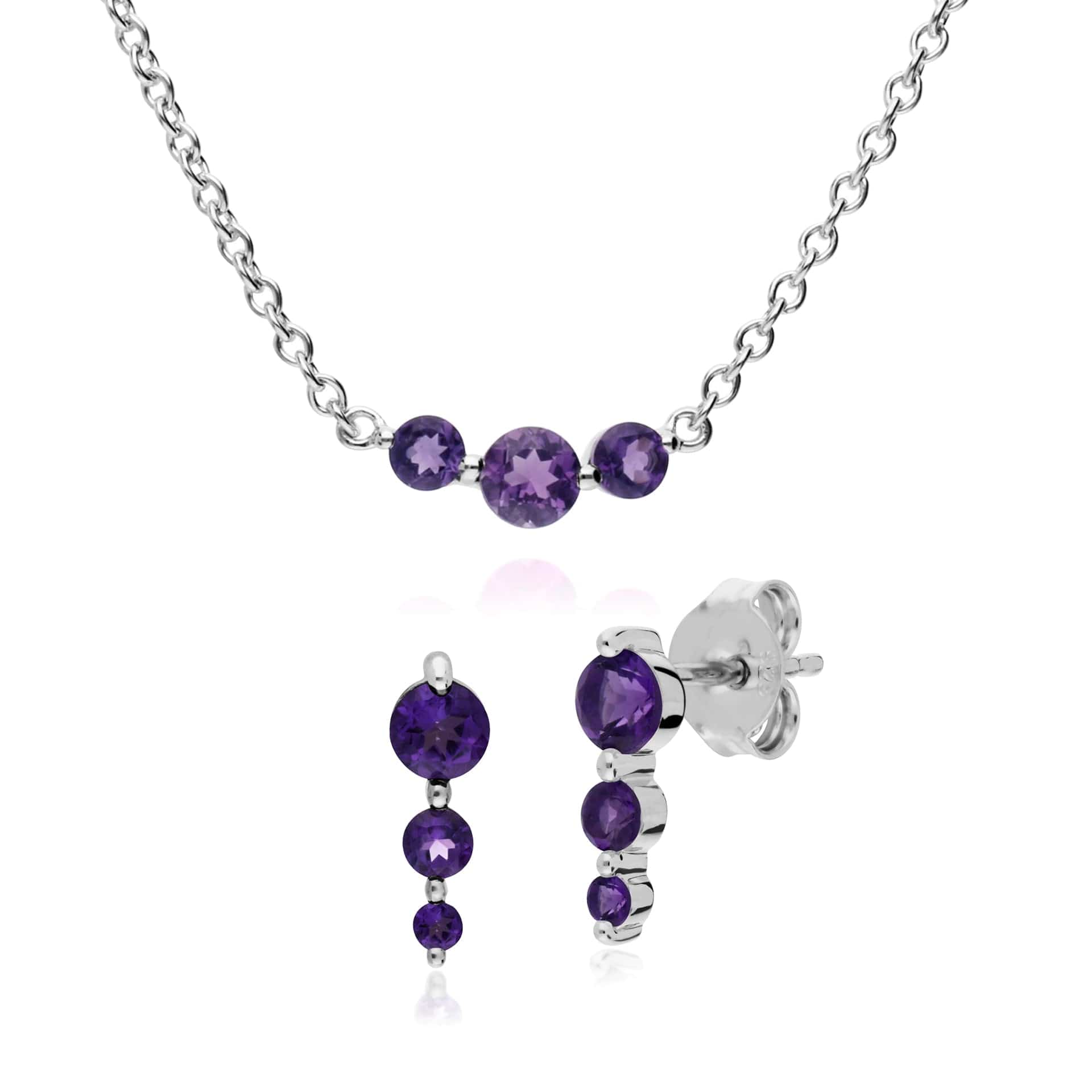 270E025503925-270N034203925 Classic Round Amethyst Three Stone Gradient Earrings & Necklace Set in 925 Sterling Silver 1