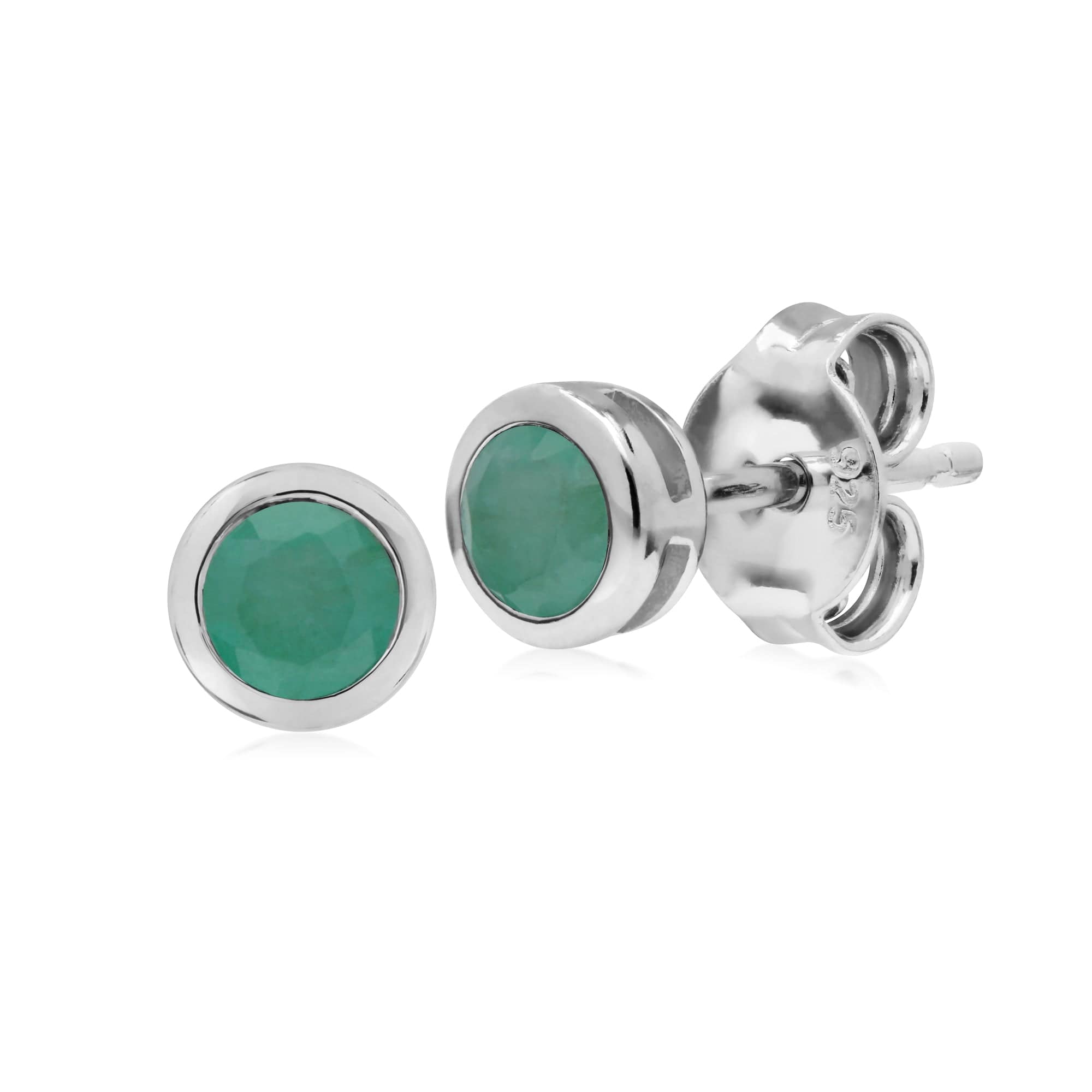 270E025804925 Classic Round Emerald Bezel Stud Earrings in Sterling Silver 1