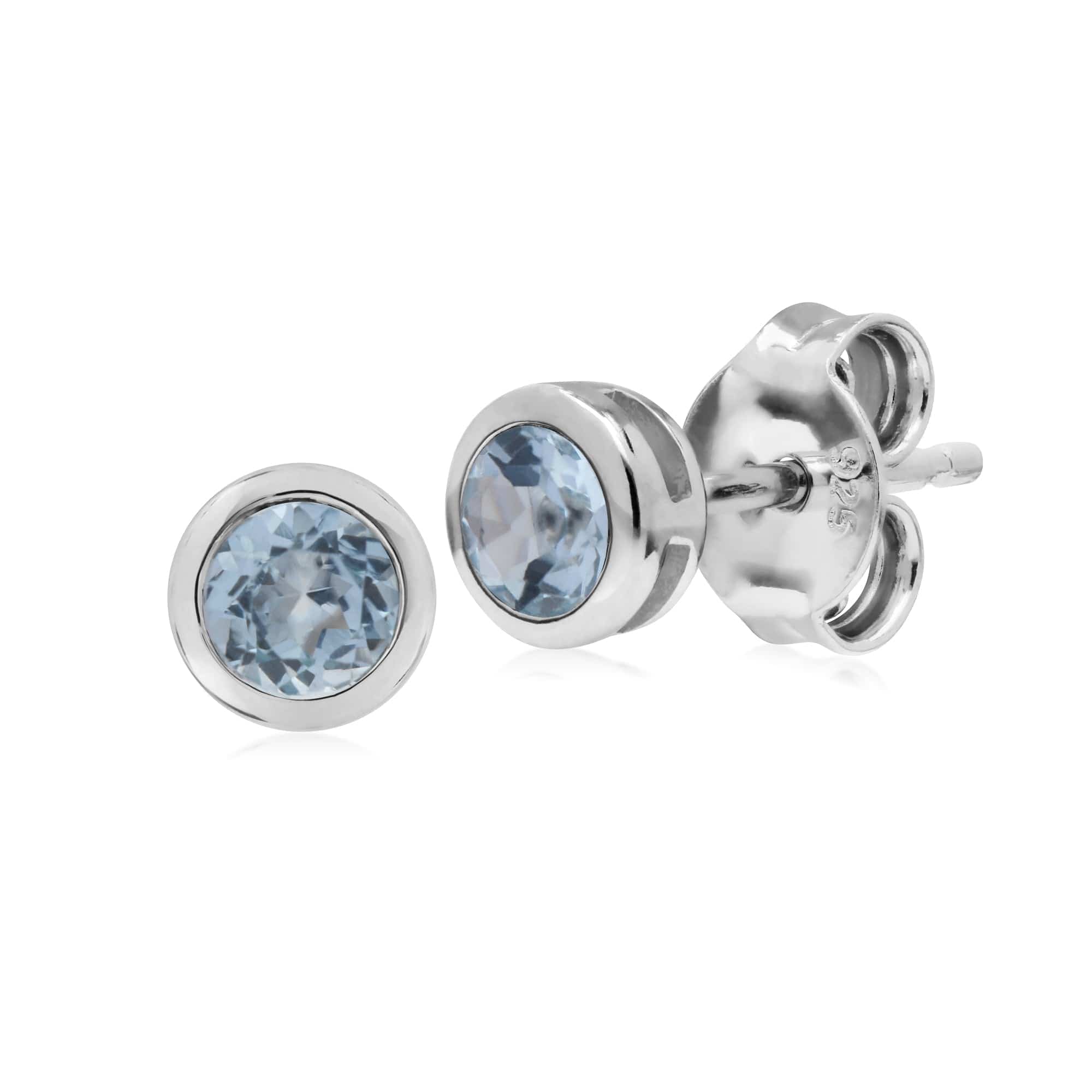 270E025809925 Classic Round Aquamarine Bezel Stud Earrings in 925 Sterling Silver 1