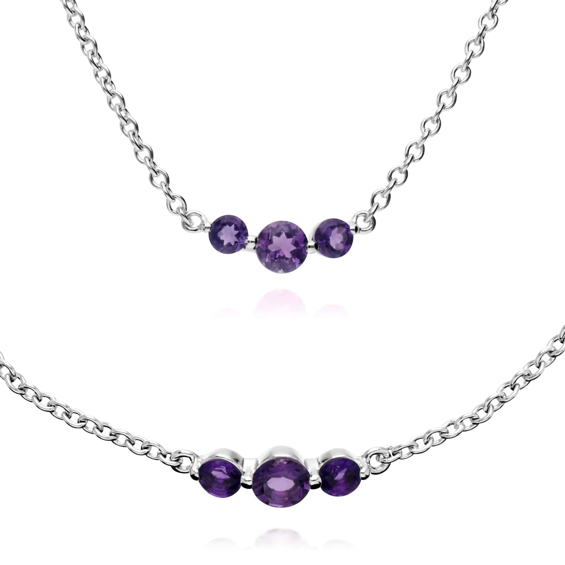 270N034203925-270L011103925 Classic Round Amethyst Three Stone Gradient Bracelet & Necklace Set in 925 Sterling Silver 1