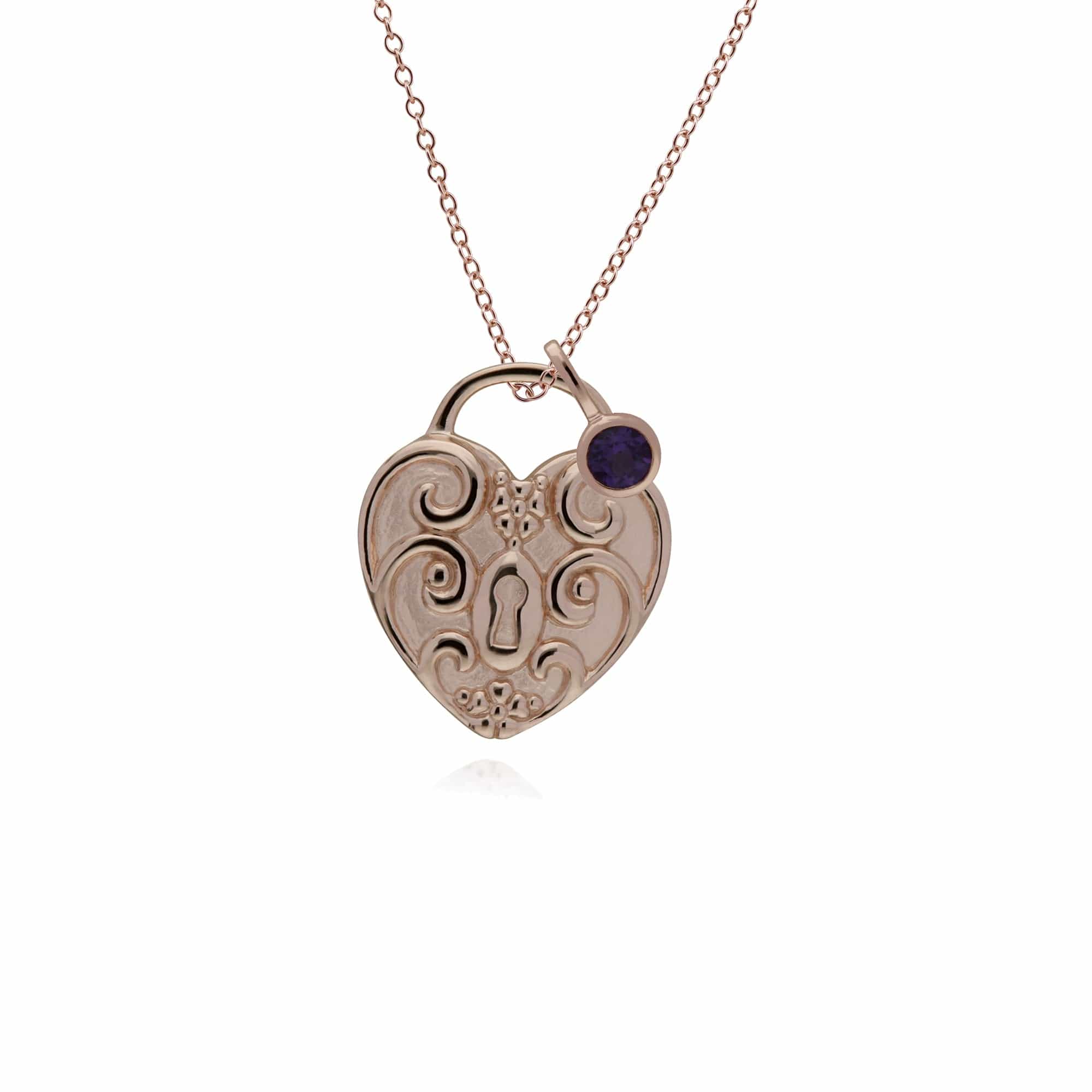 270P027301925-270P026501925 Classic Swirl Heart Lock Pendant & Amethyst Charm in Rose Gold Plated 925 Sterling Silver 1
